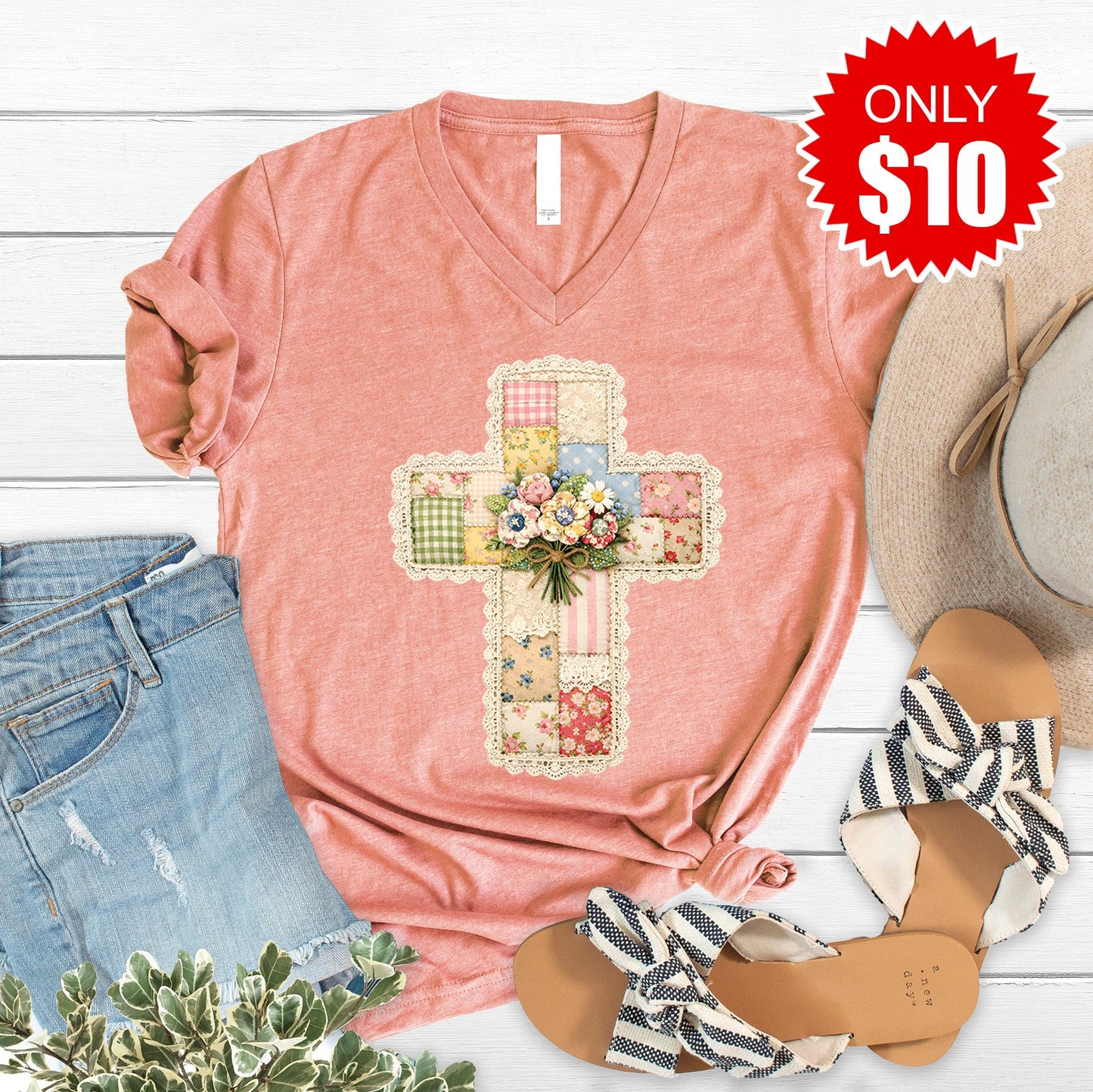 Cross Patchwork V-Neck - Heather Sunset - 10