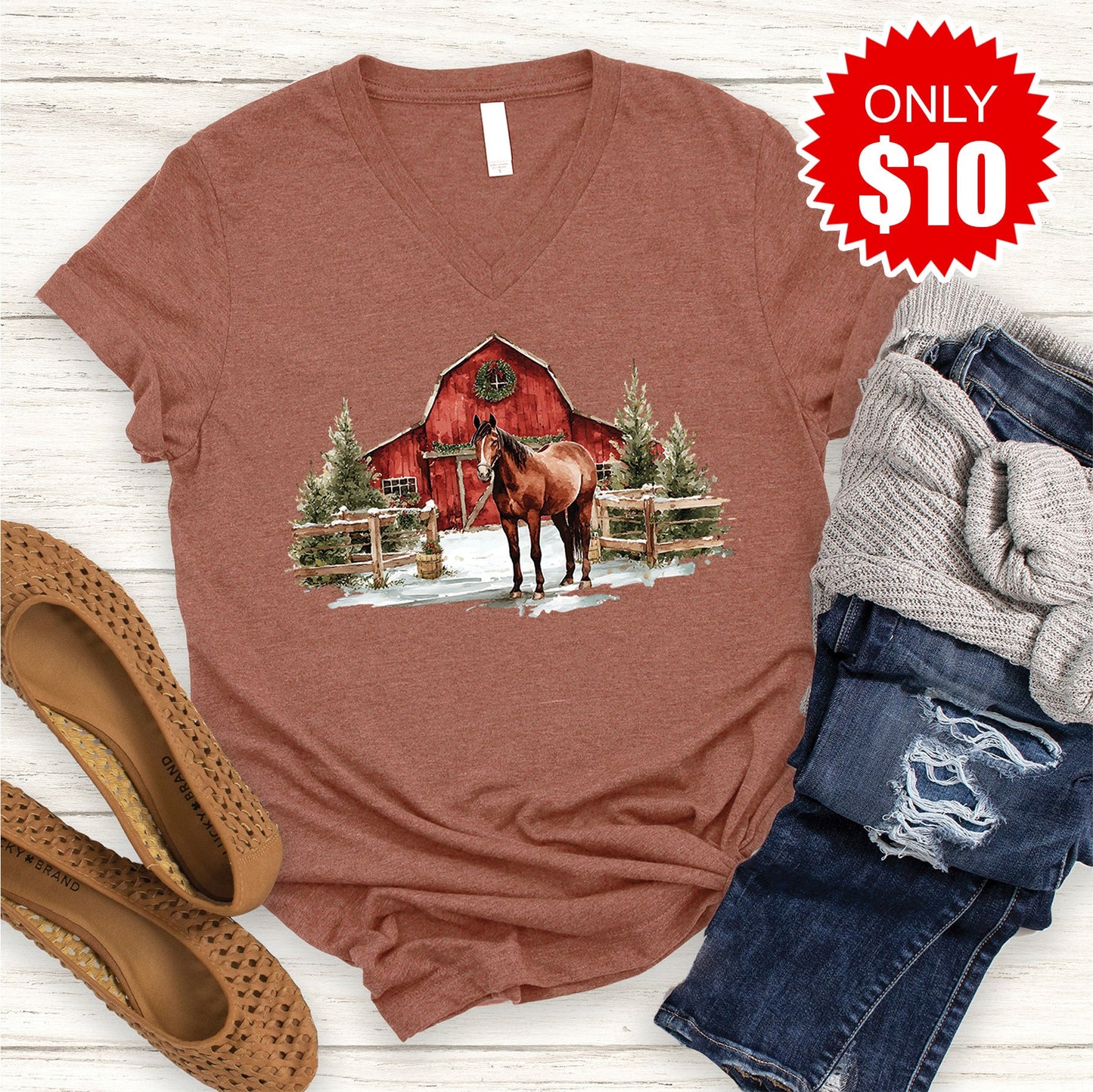 Horse Barn V-Neck - Heather Chestnut - 10
