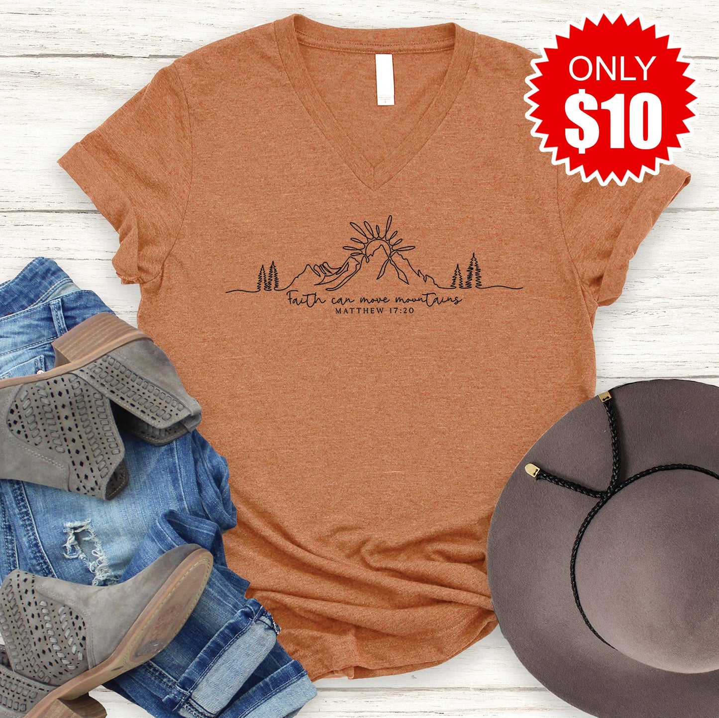 Faith Can Move Mountains V-Neck - Heather Autumn - 10