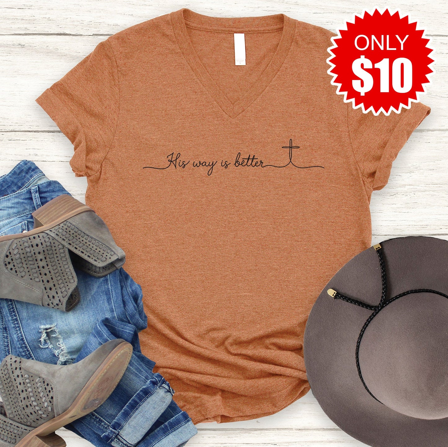 His Way Is Better V-Neck - Heather Autumn - 10