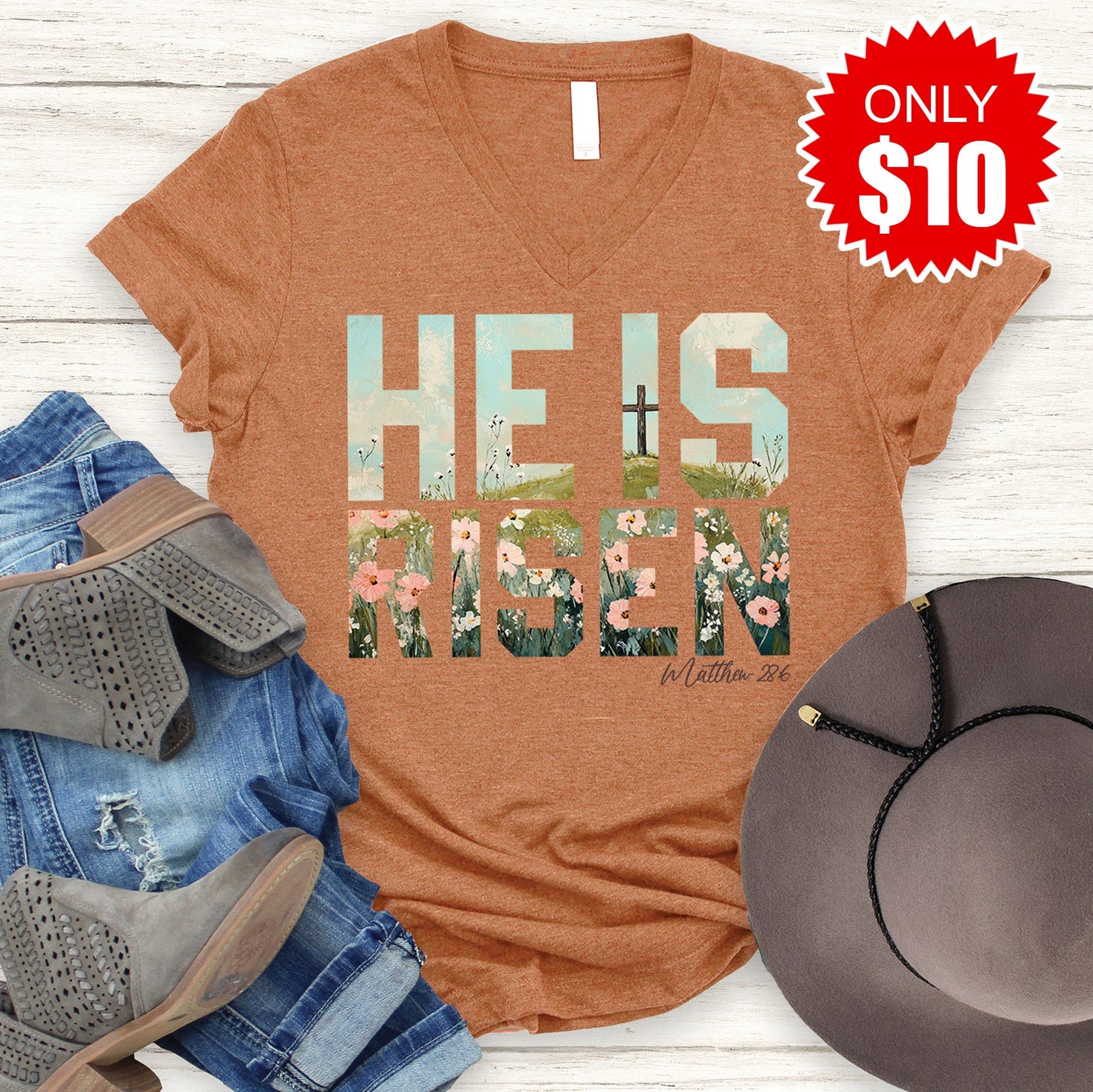 He Is Risen V-Neck - Heather Autumn - 10