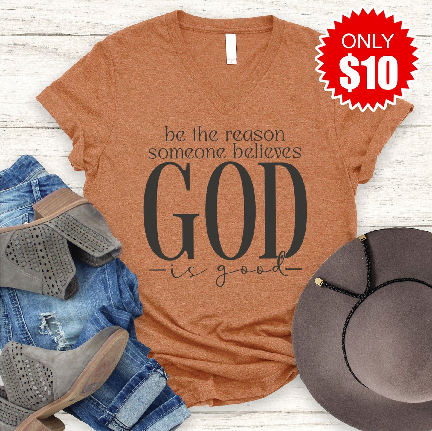 God Is Good V-Neck - Heather Autumn - 10