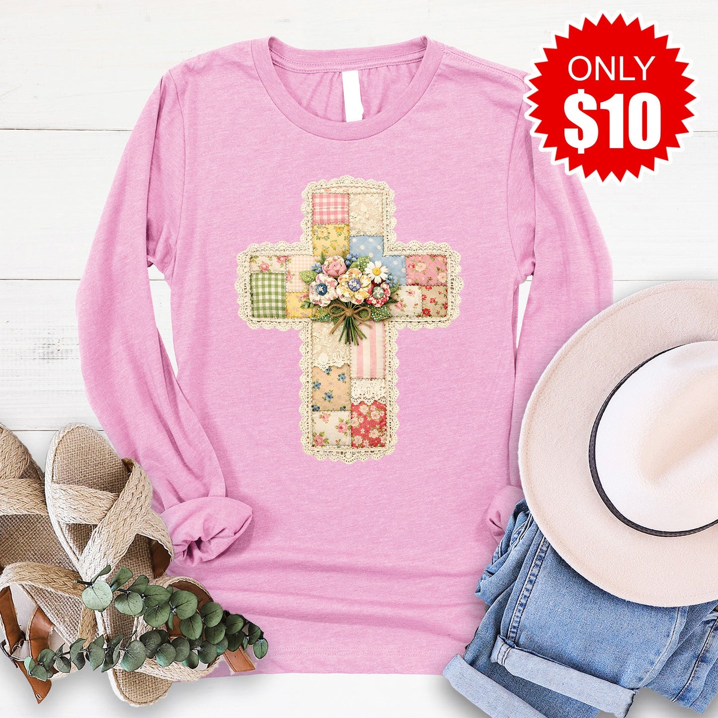 Cross Patchwork Long Sleeve - Heather Bubble Gum - 10