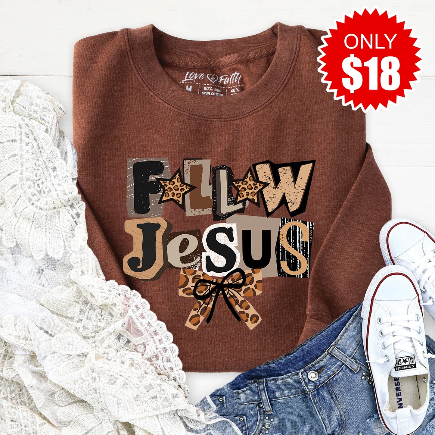 Follow Jesus Sweatshirt - Heather Brown - 18