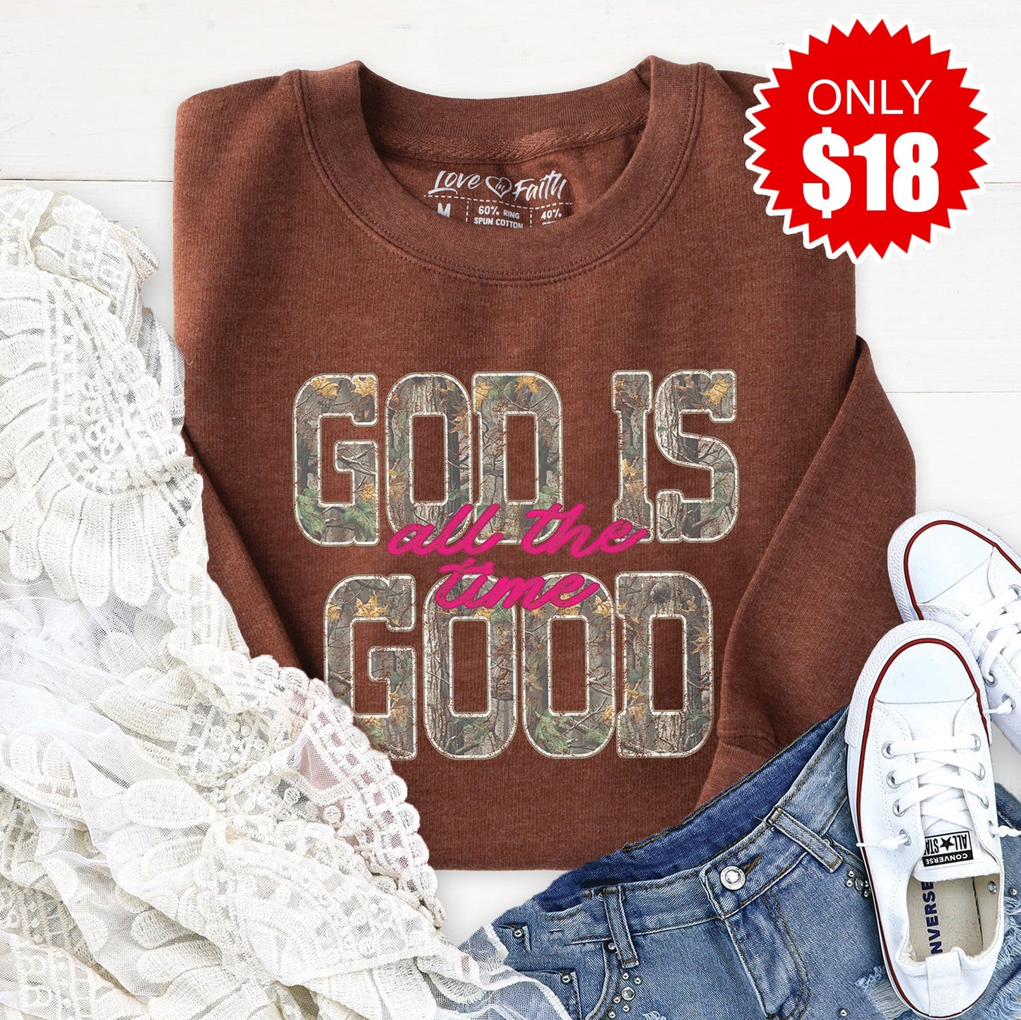 God Is Good Sweatshirt - Heather Brown - 18
