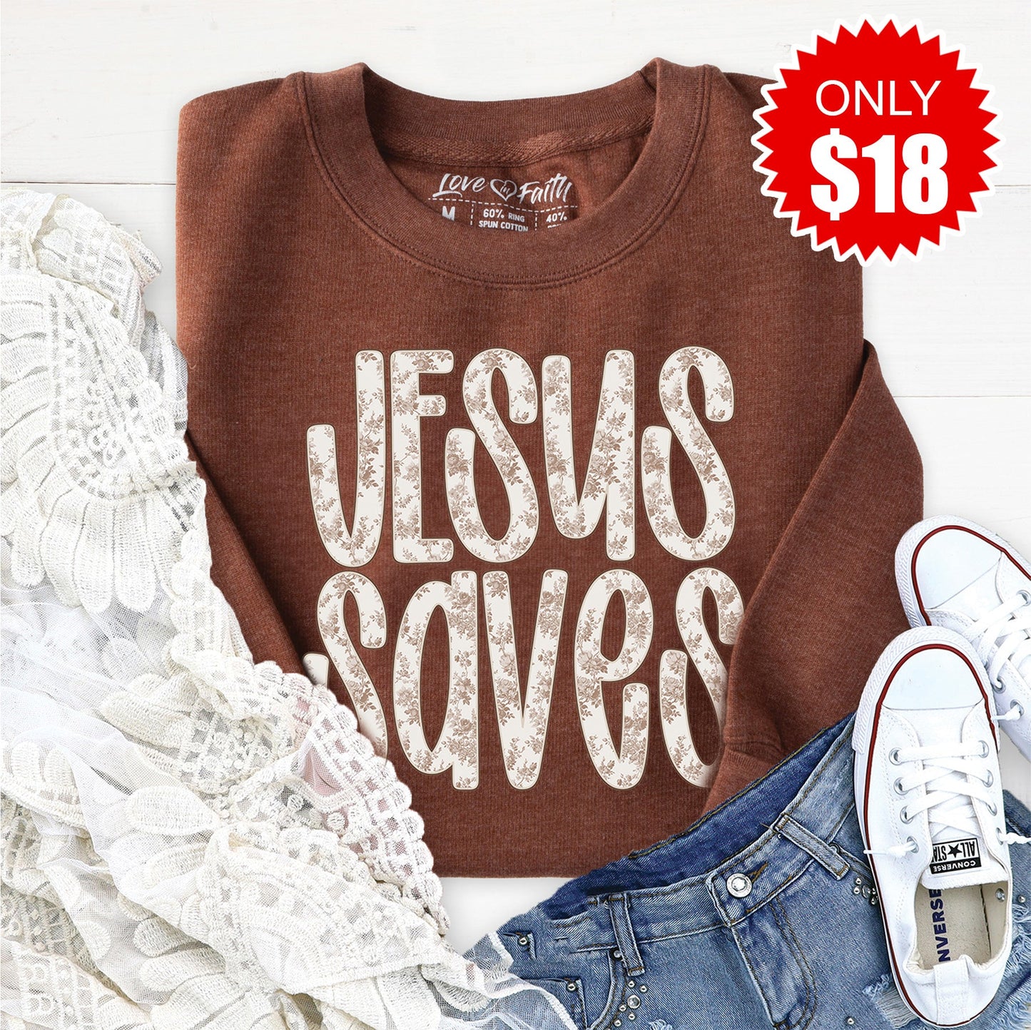 Jesus Saves Sweatshirt - Heather Brown - 18