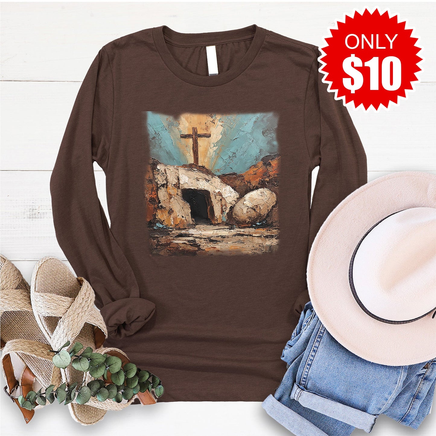 He Is Risen Long Sleeve - Heather Brown - 10