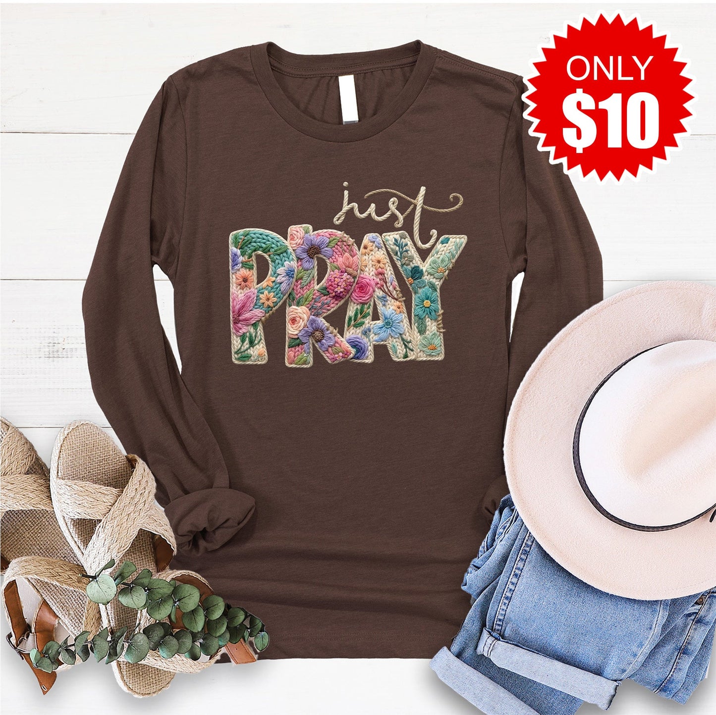 Just Pray Crochet Long Sleeve - Heather Brown - 10