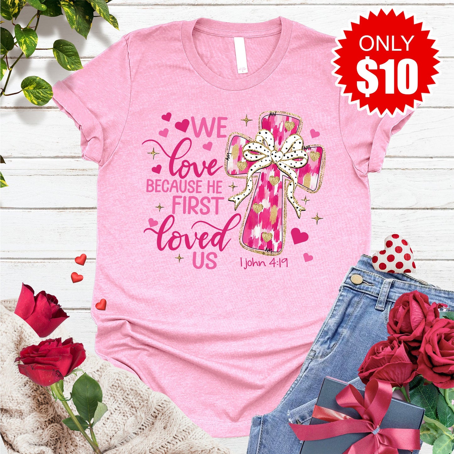 He First Loved Us Tee - Heather Bubble Gum - 10