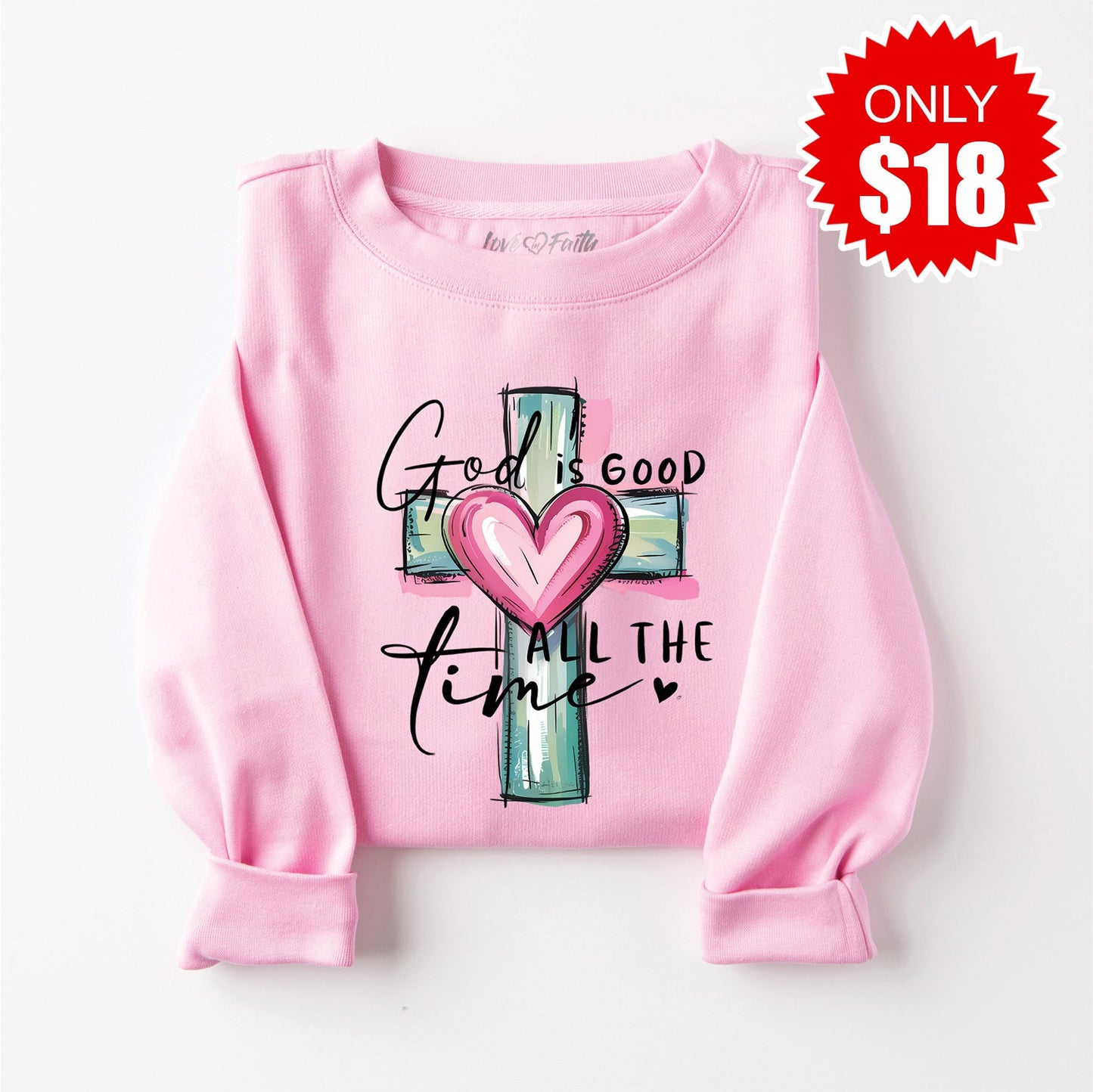 God is Good Cross Sweatshirt - Heather Bubble Gum - 18