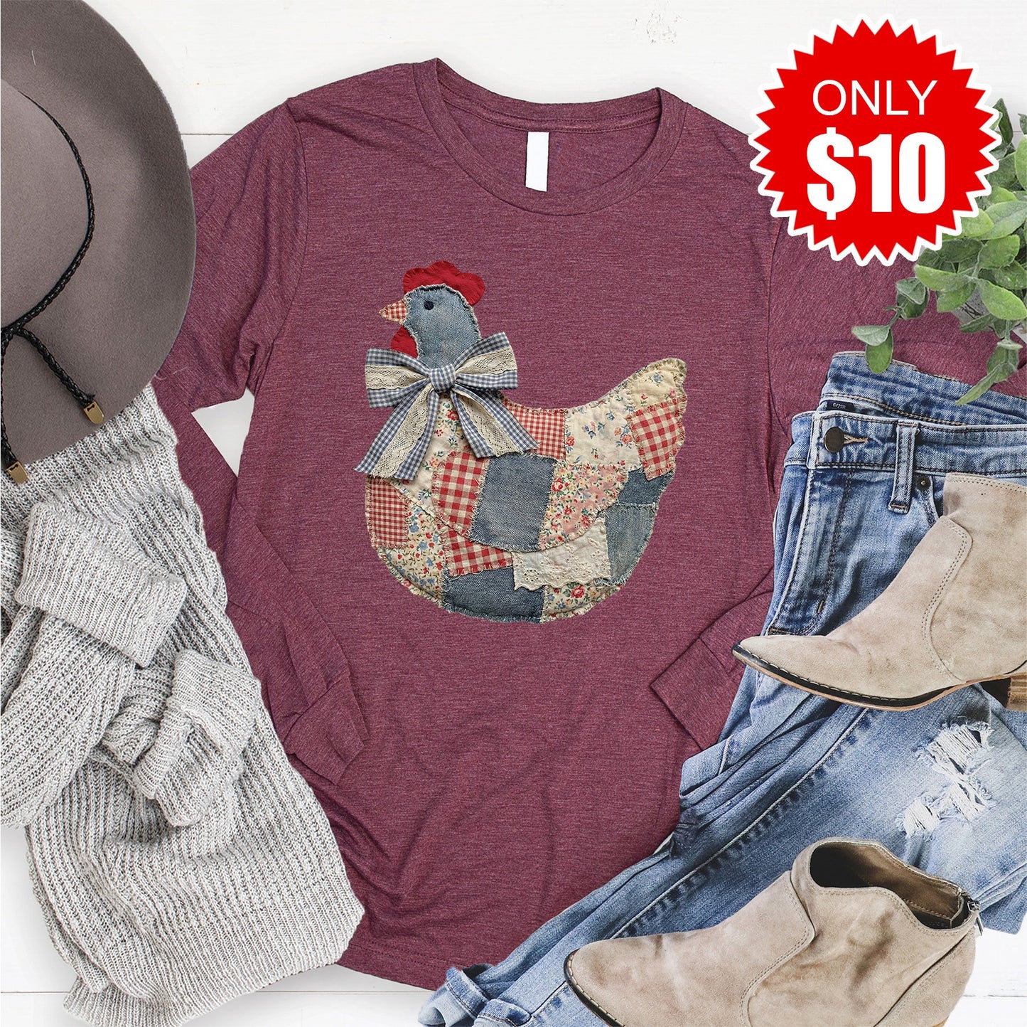 Hen Patchwork Long Sleeve - Heather Burgundy - 10
