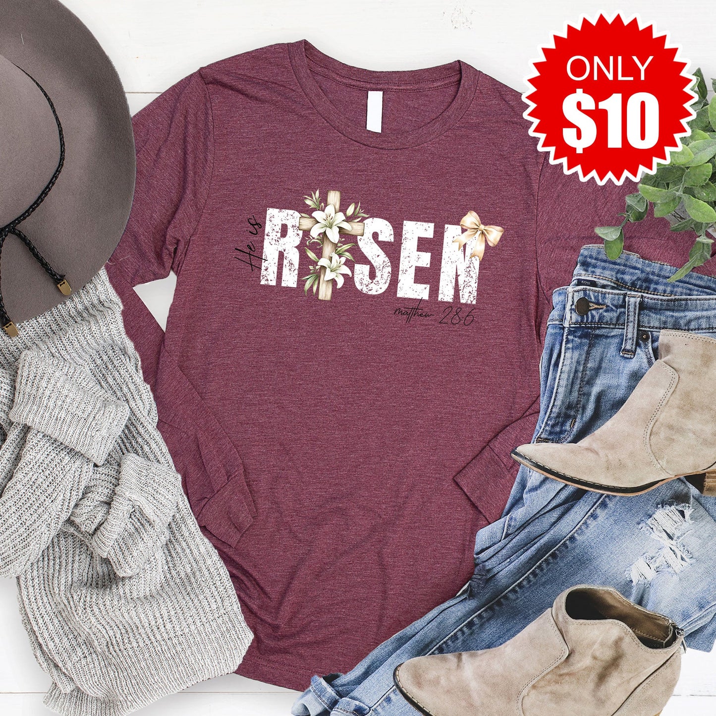 He Is Risen Long Sleeve - Heather Burgundy - 10
