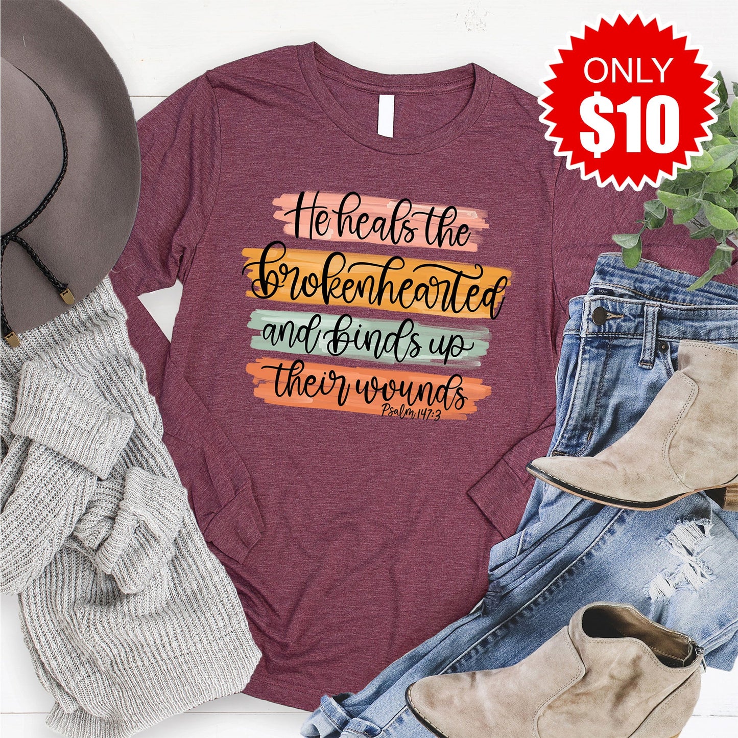 He Heals The Brokenhearted Long Sleeve - Heather Burgundy - 10