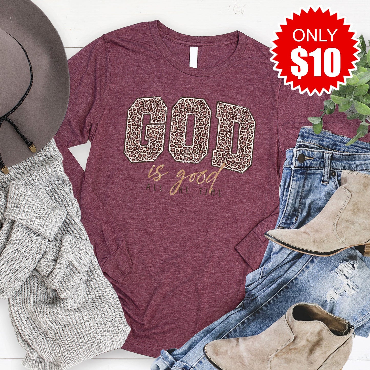 God Is Good Long Sleeve - Heather Burgundy - 10