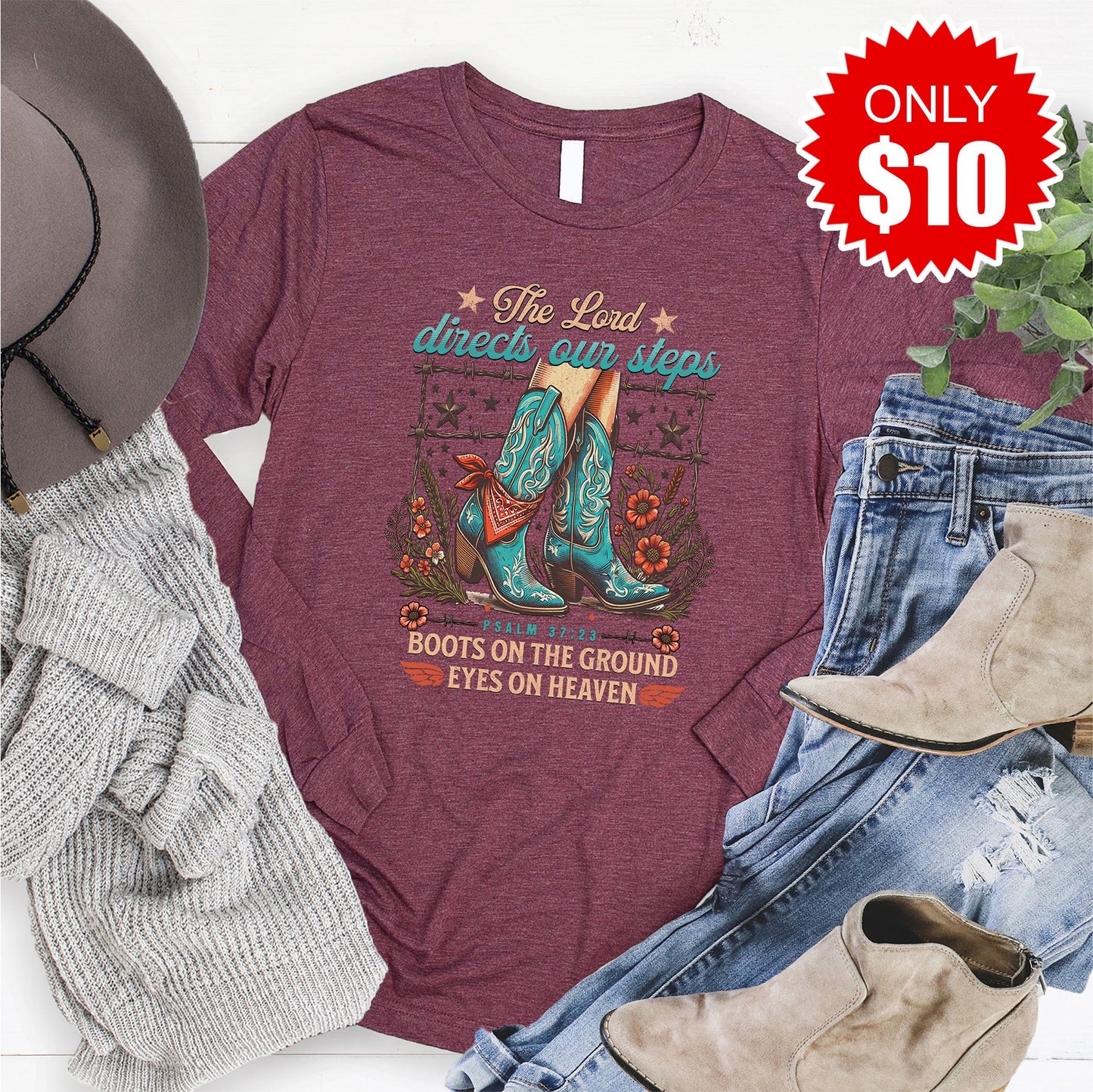Boots On The Ground Long Sleeve - Heather Burgundy - 10