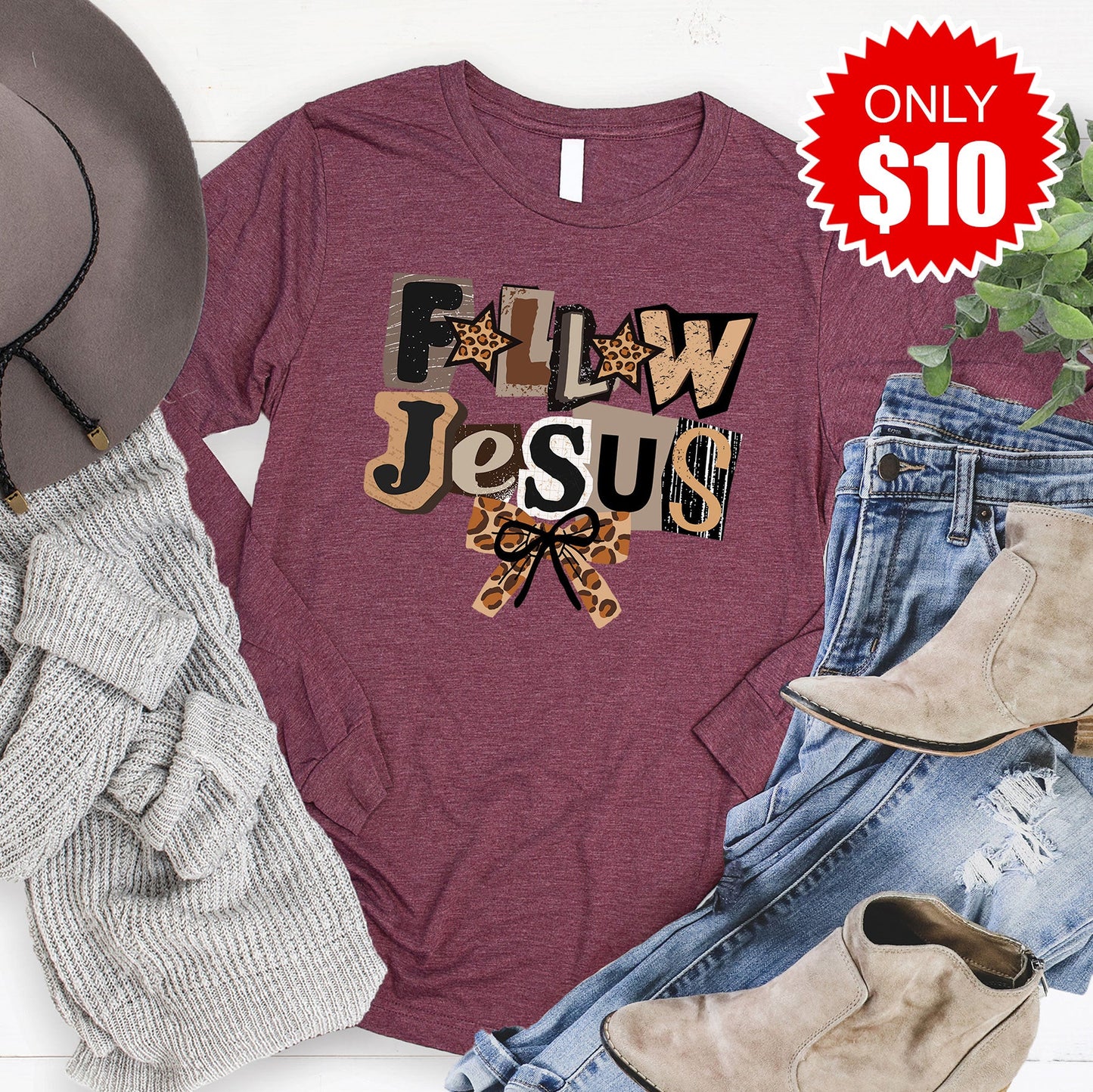Follow Jesus Long Sleeve - Heather Burgundy - 10