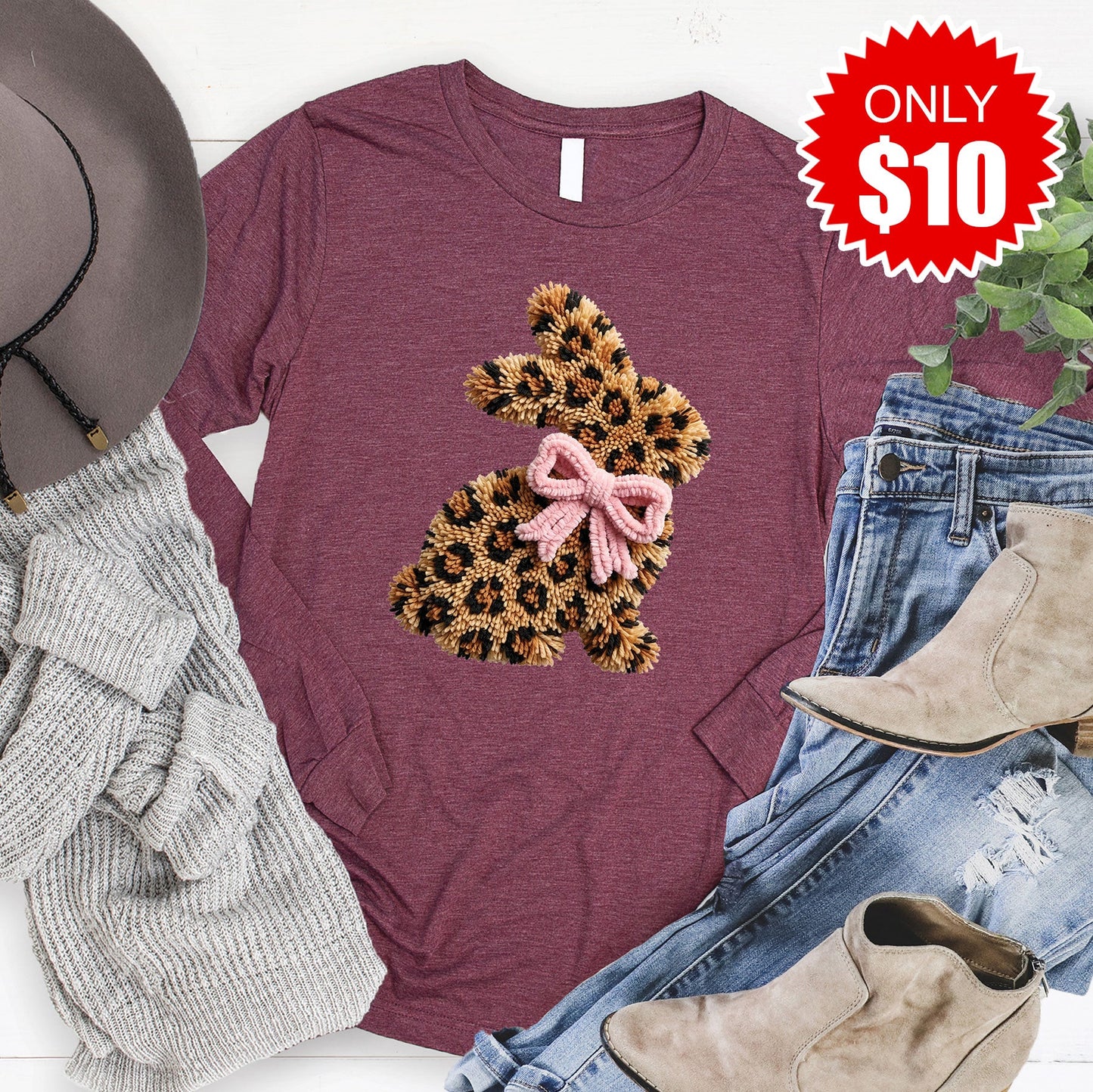 Leopard Bunny Long Sleeve - Heather Burgundy - 10