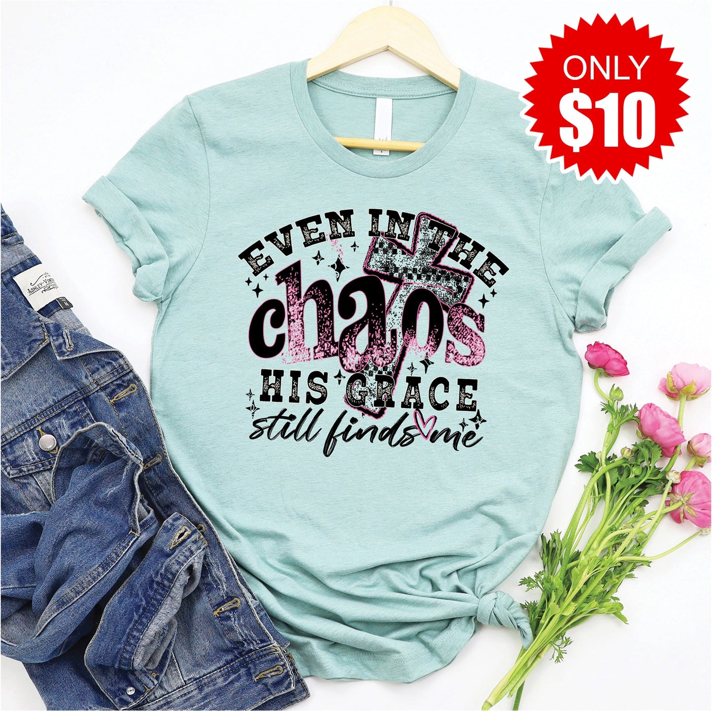 His Grace Still Finds Me Tee - Heather Dusty Blue - 10