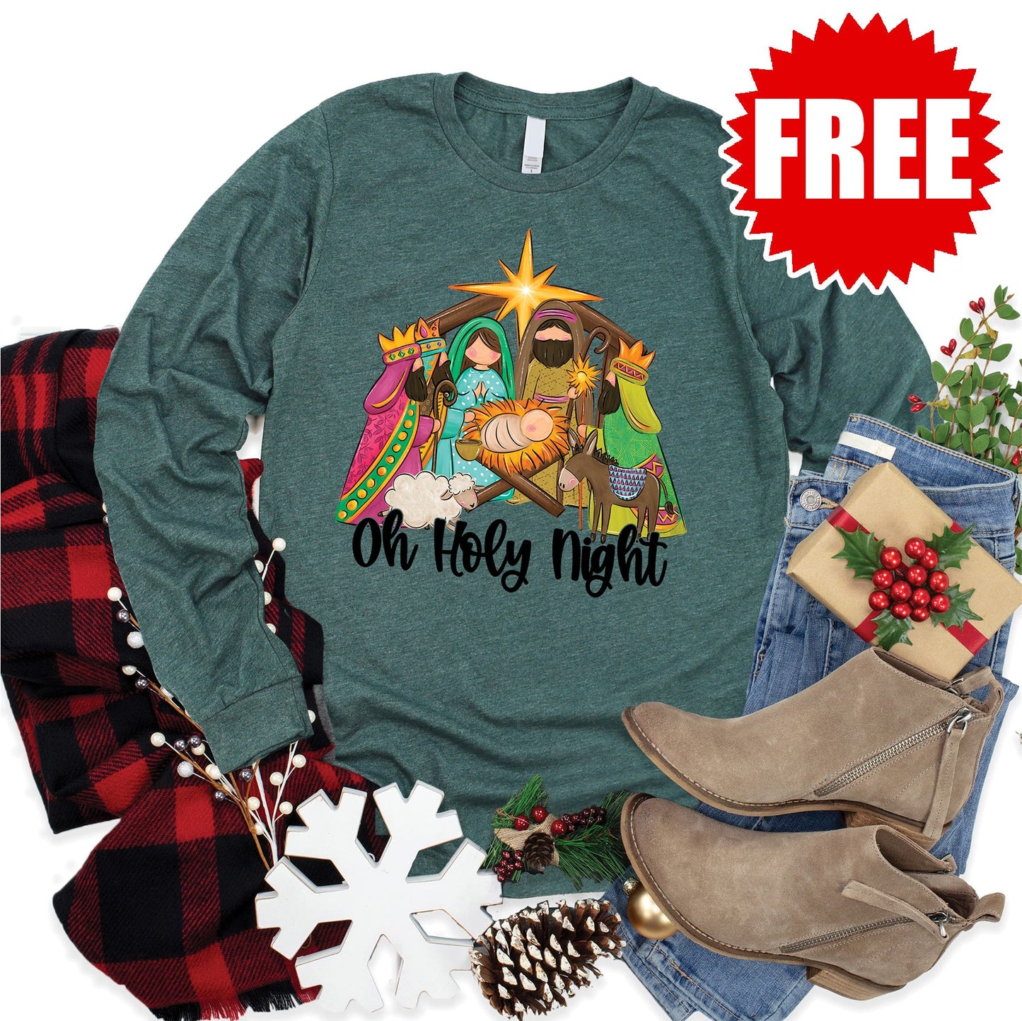 Holy Night Nativity Long Sleeve - Heather Forest - 0