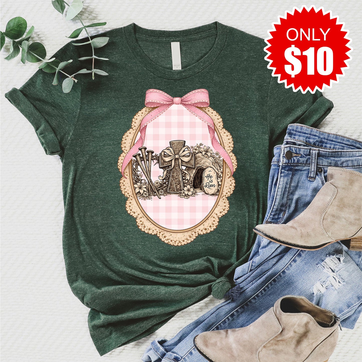 He Is Risen Tee - Heather Forest - 10