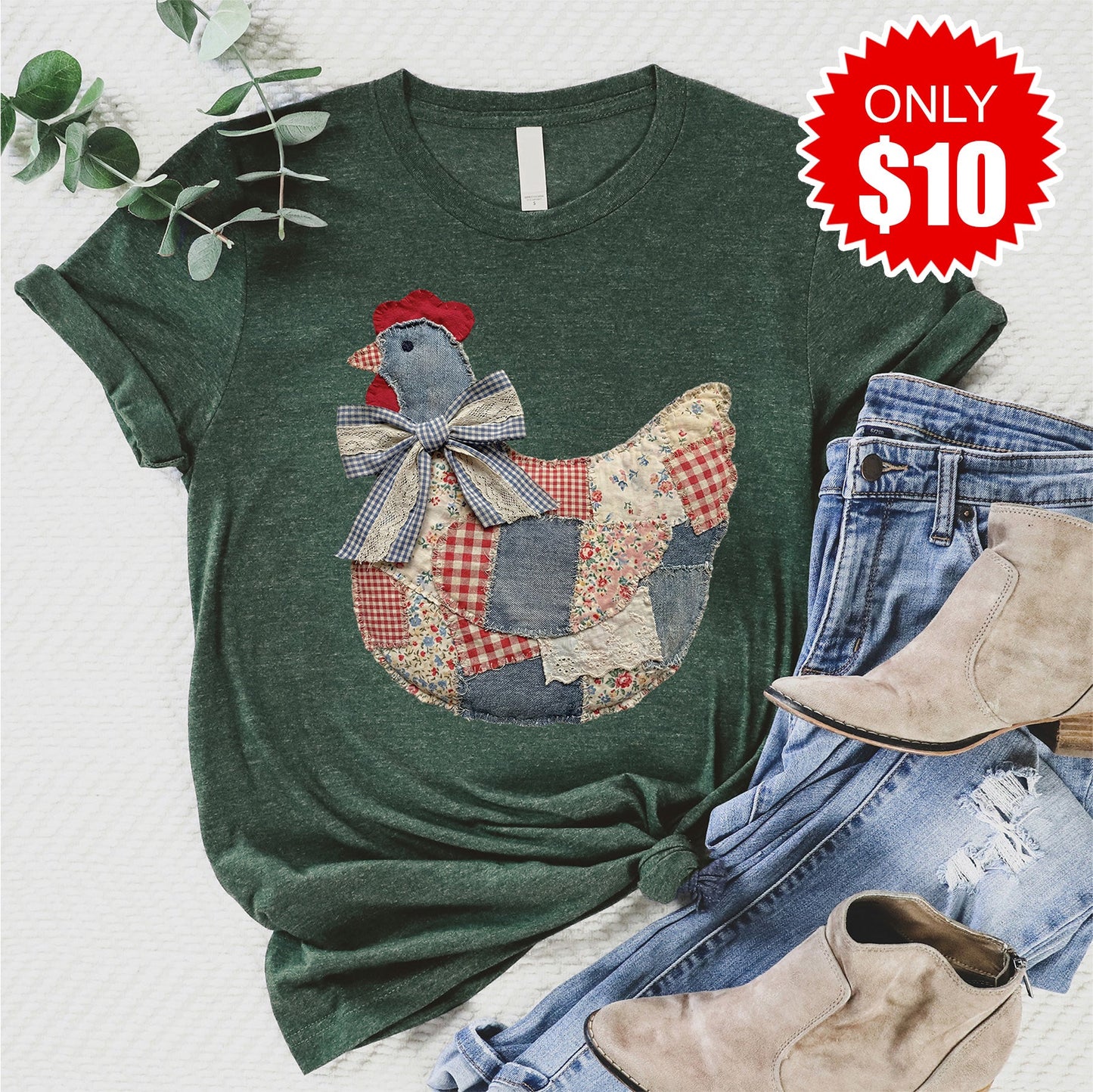Hen Patchwork Tee - Heather Forest - 10