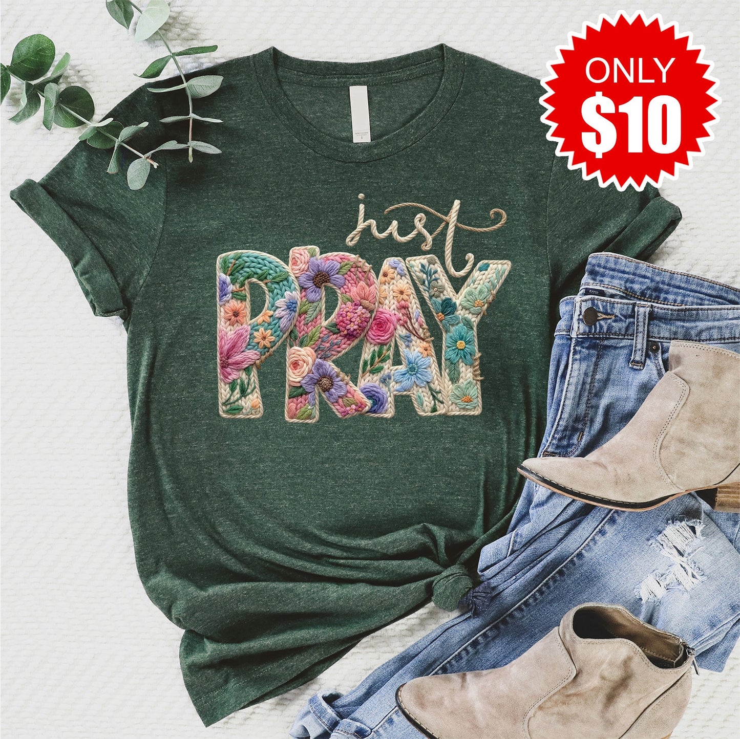 Just Pray Crochet Tee - Heather Forest - 10