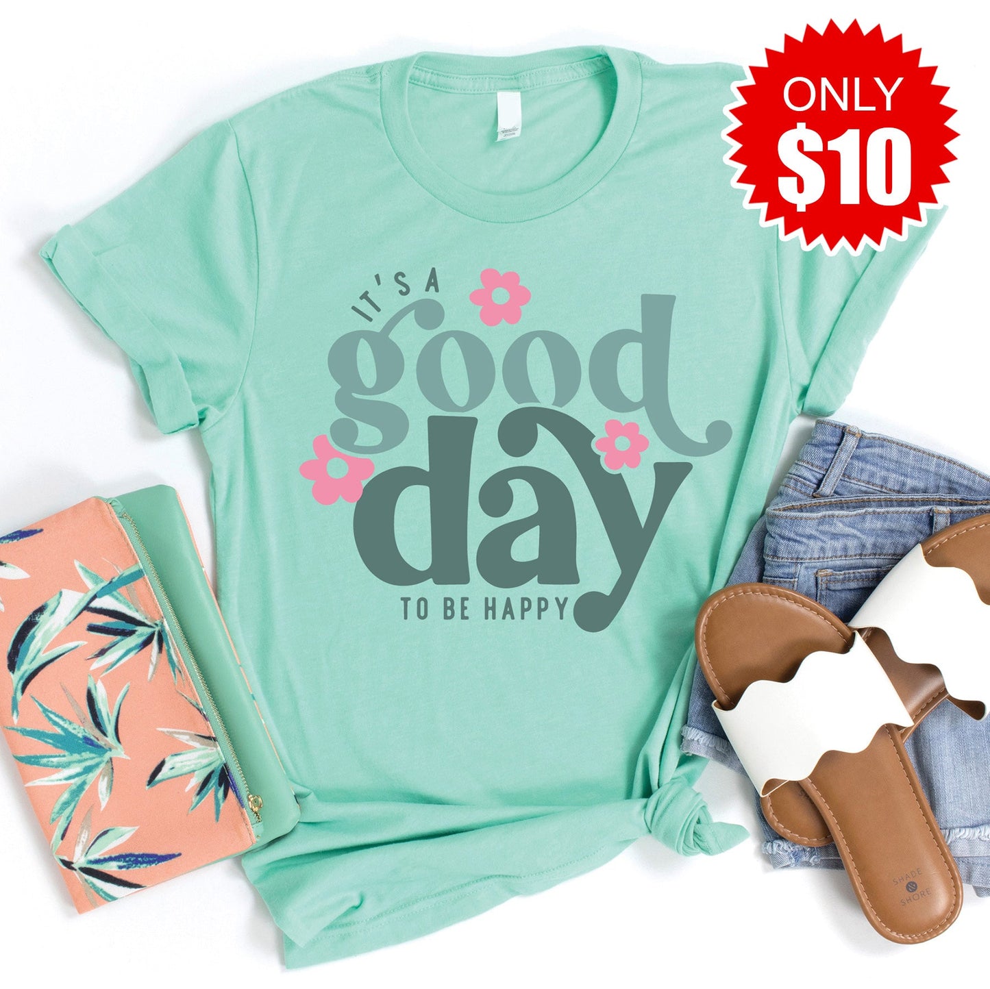 Good Day To Be Happy Tee - Heather Mint - 10