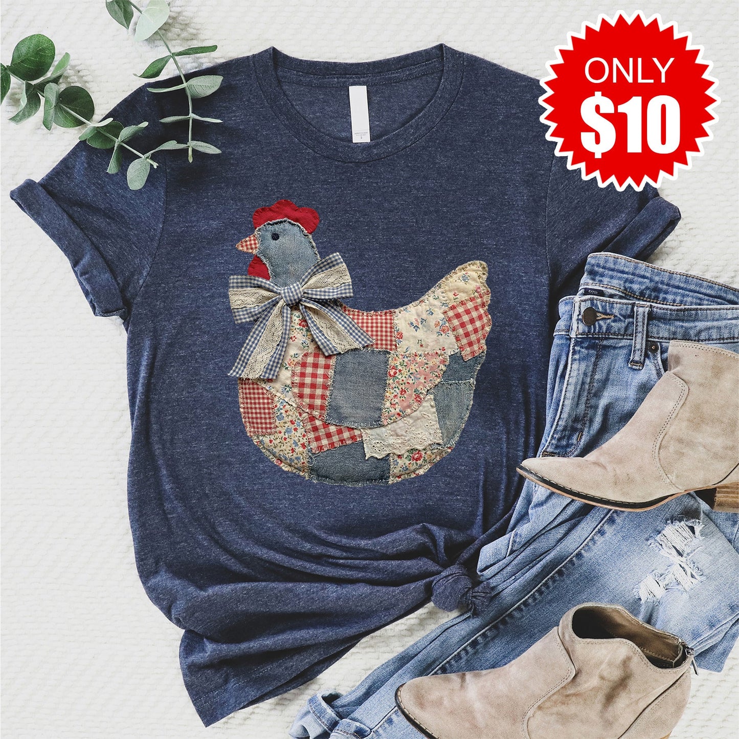 Hen Patchwork Tee - Heather Navy - 10