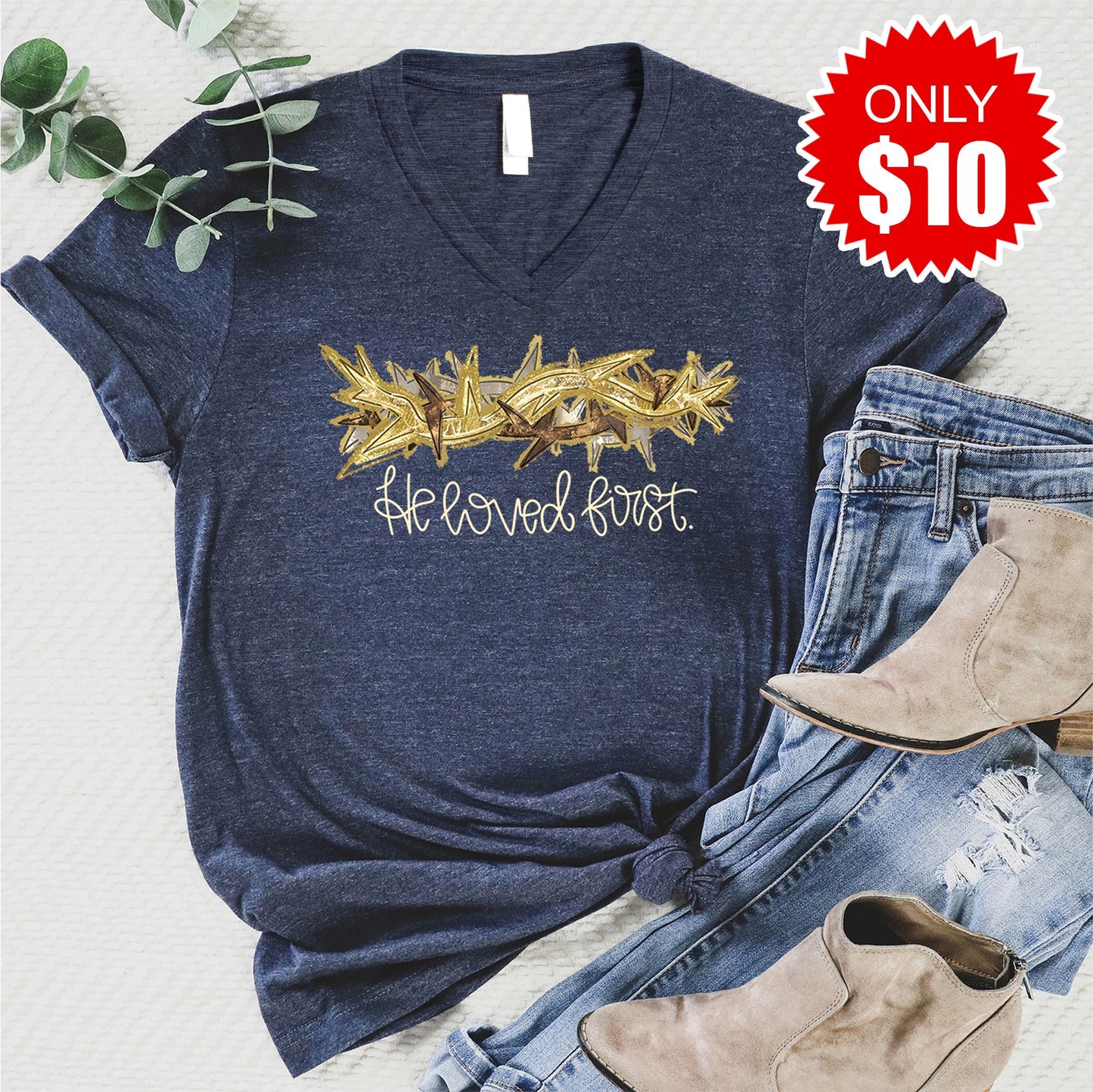 He Loved First V-Neck - Heather Navy - 10