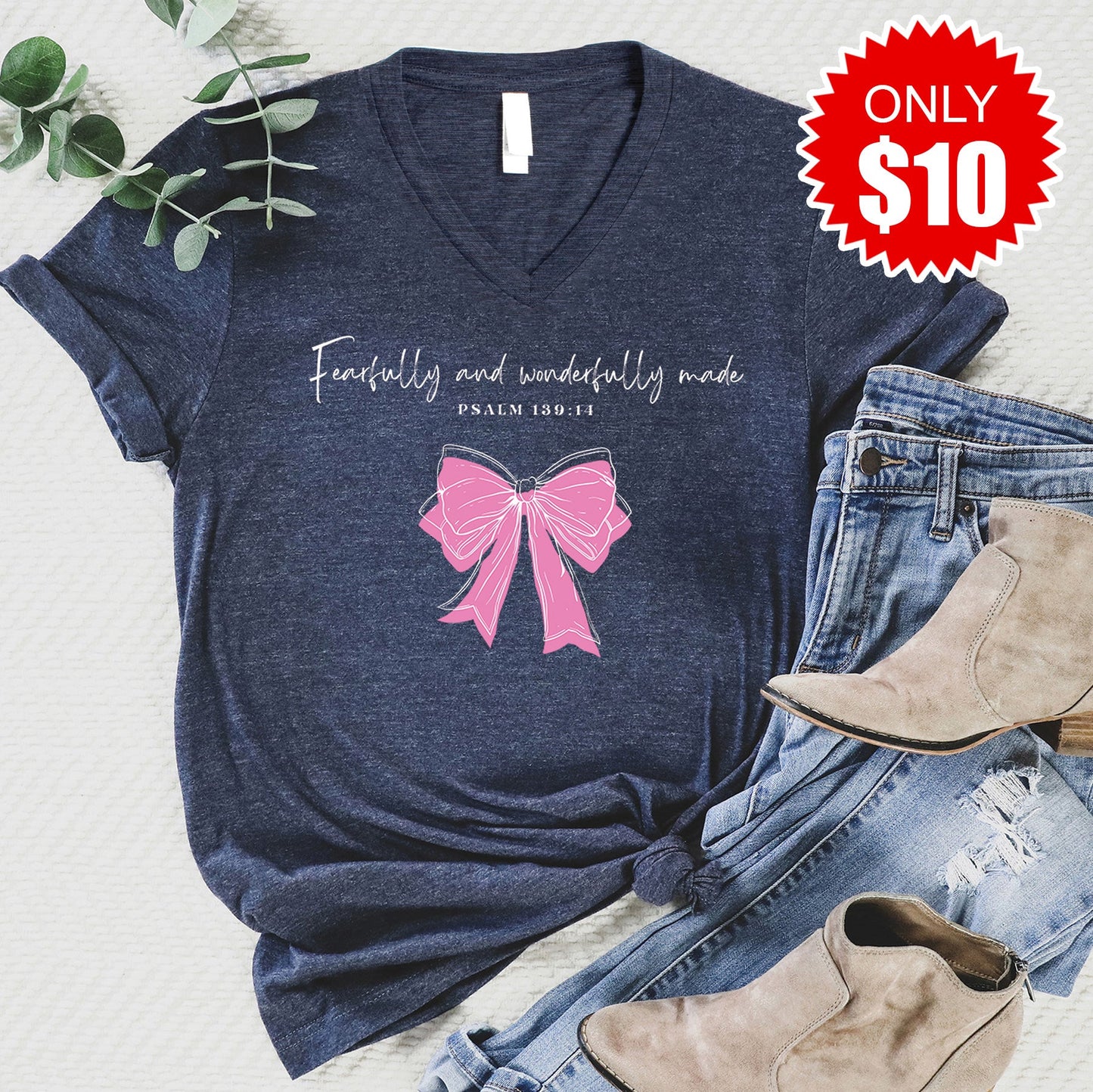 Fearfully and Wonderfully Made V-Neck - Heather Navy - 10