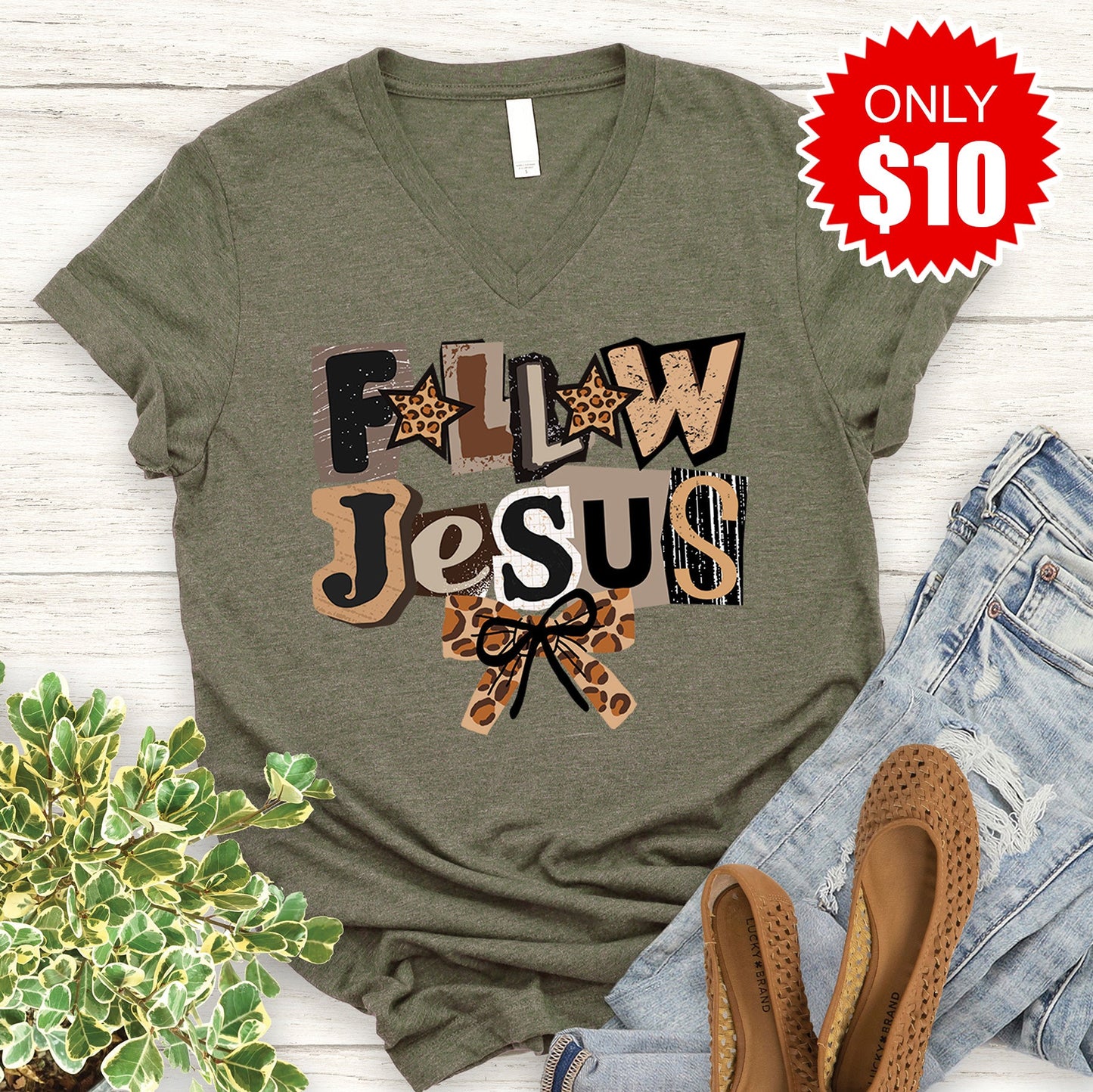 Follow Jesus V-Neck - Heather Olive - 10