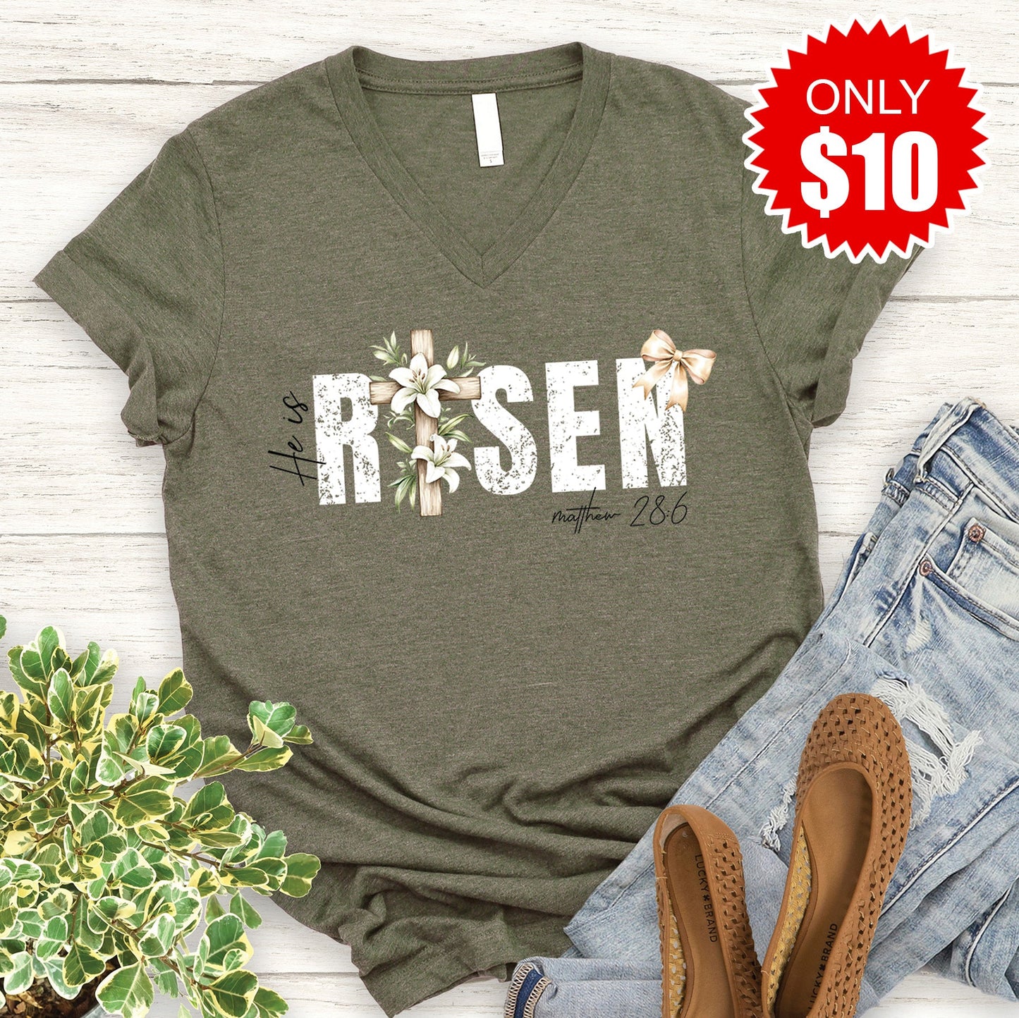 He Is Risen V-Neck - Heather Olive - 10
