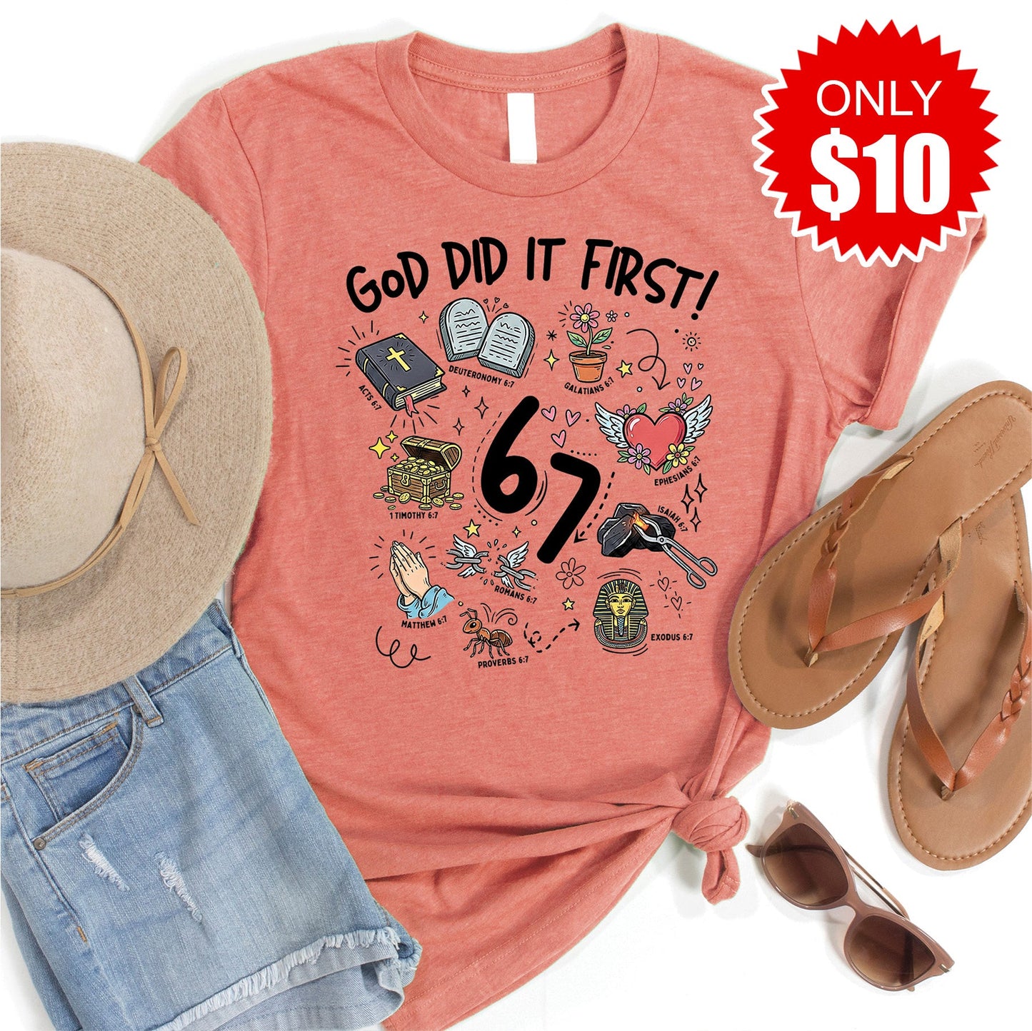 God Did It First Tee - Heather Papaya - 10