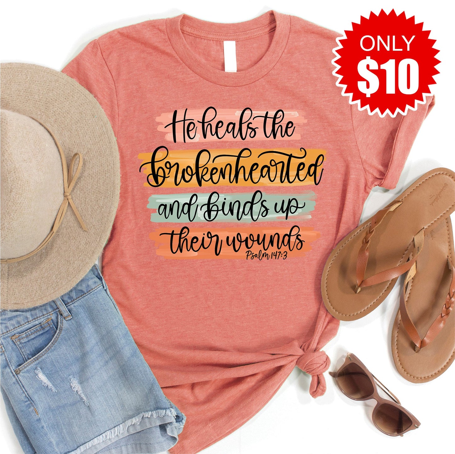 He Heals The Brokenhearted Tee - Heather Papaya - 10