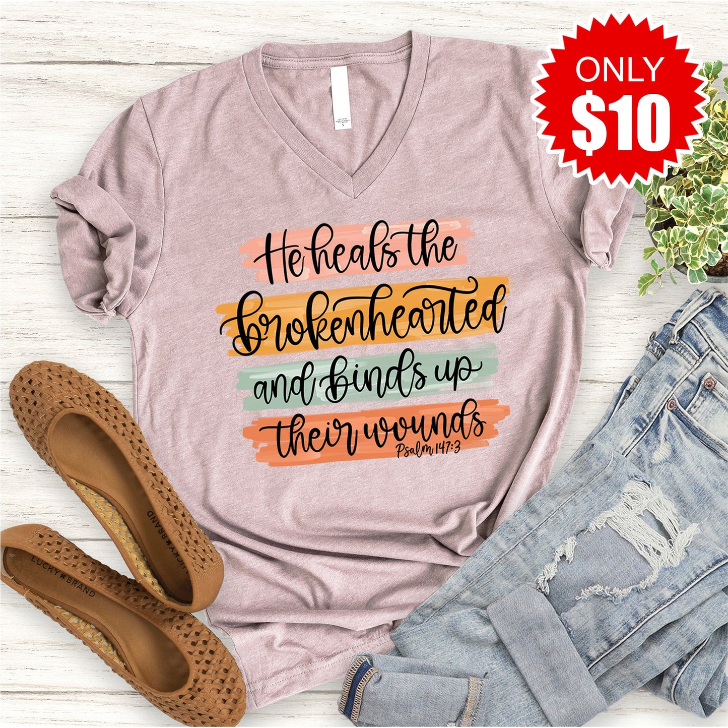 He Heals The Brokenhearted V-Neck - Heather Pink Gravel - 10