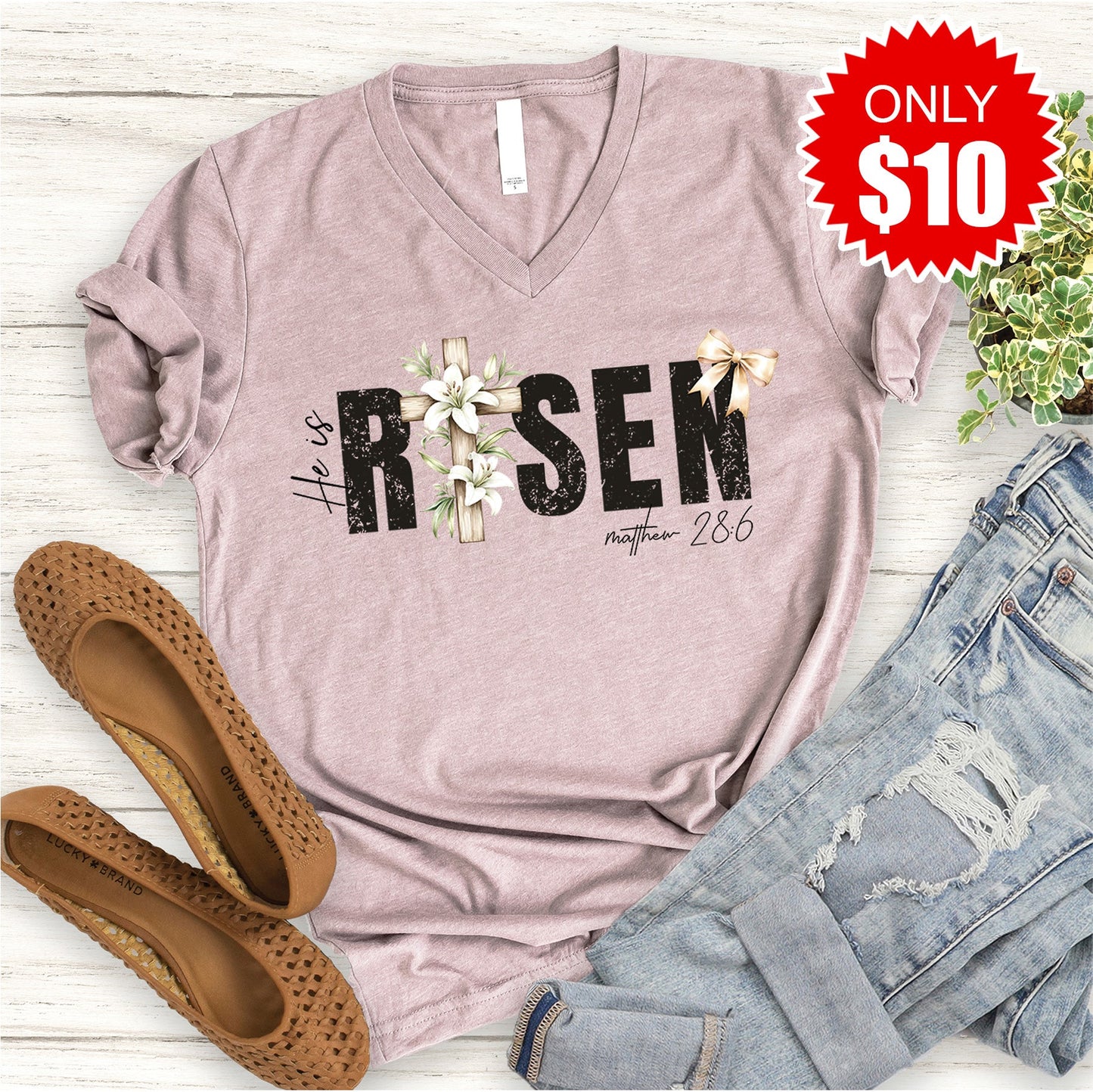He Is Risen V-Neck - Heather Pink Gravel - 10