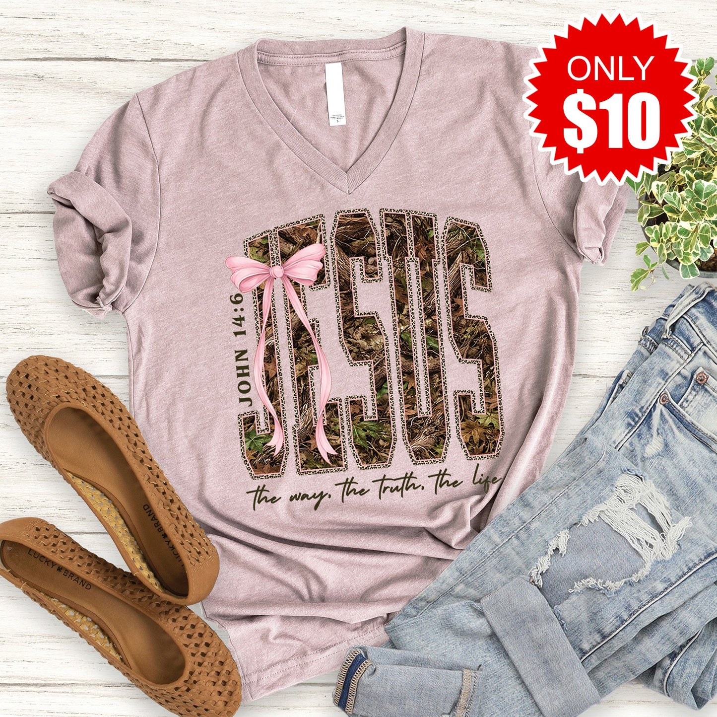 Jesus V-Neck - Heather Pink Gravel - 10