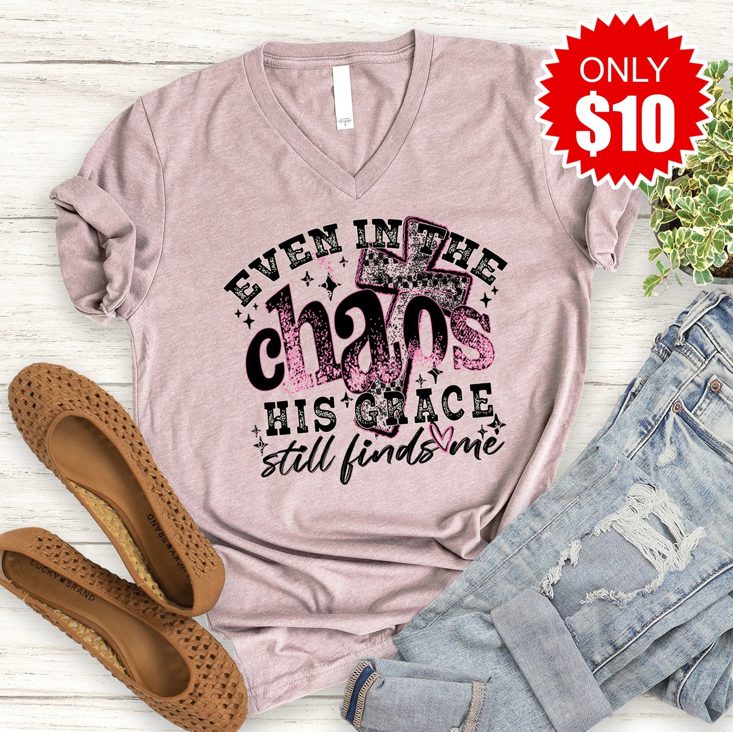 His Grace Still Finds Me V-Neck - Heather Pink Gravel - 10