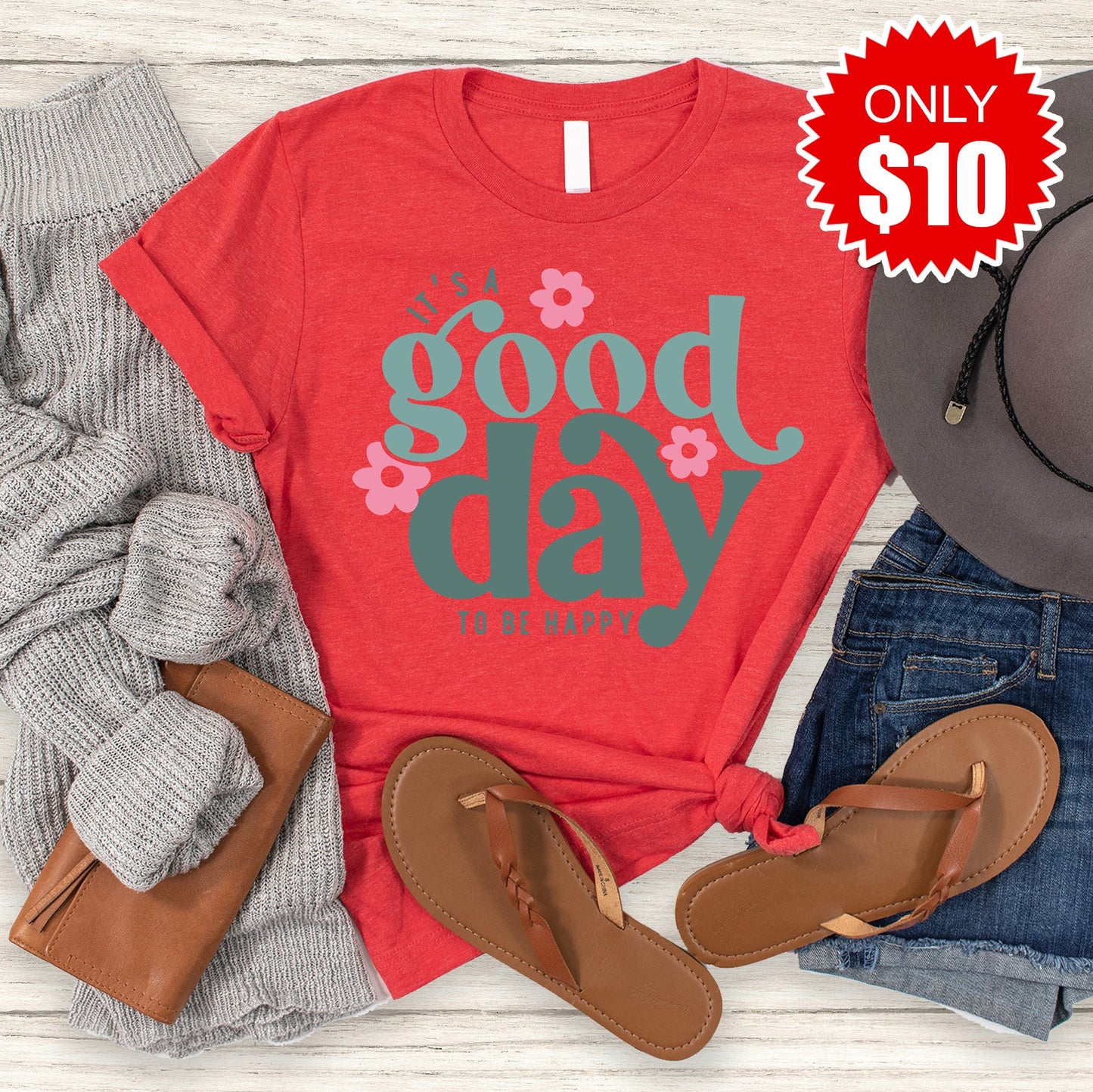 Good Day To Be Happy Tee - Heather Red - 10