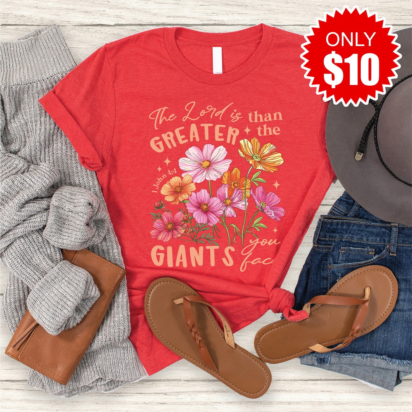 Greater Than The Giants Tee - Heather Red - 10
