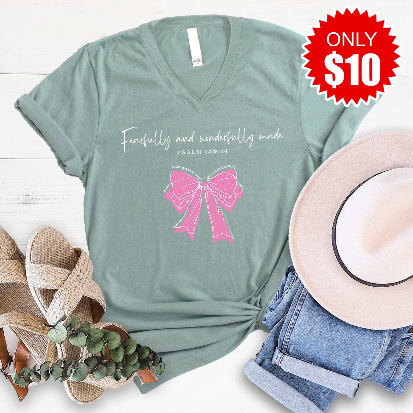 Fearfully and Wonderfully Made V-Neck - Heather Sage - 10