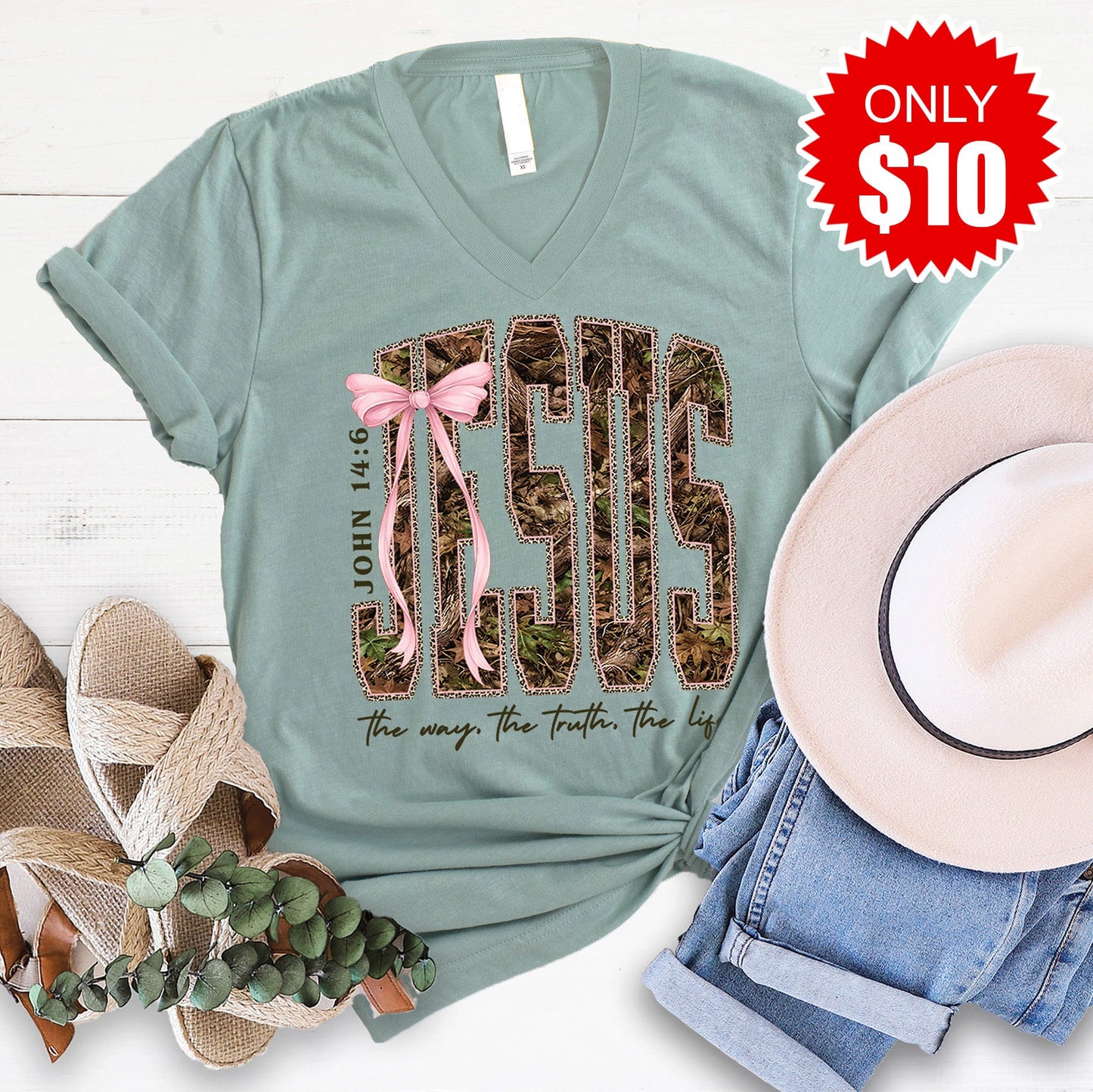 Jesus V-Neck - Heather Sage - 10