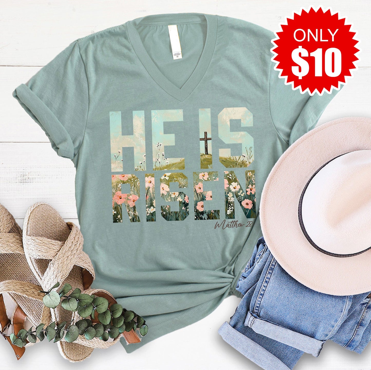 He Is Risen V-Neck - Heather Sage - 10