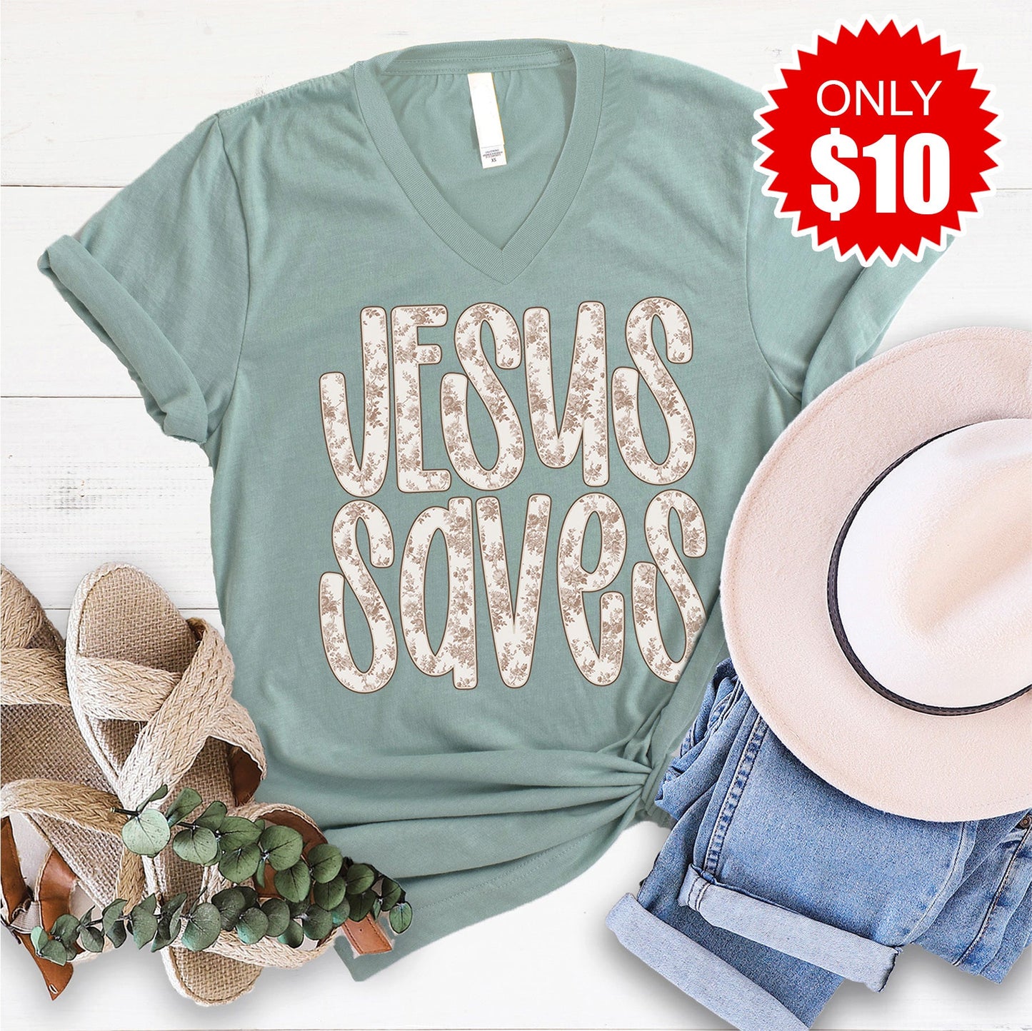 Jesus Saves V-Neck - Heather Sage - 10