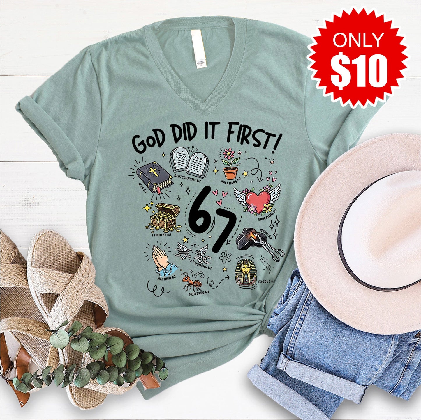 God Did It First V-Neck - Heather Sage - 10