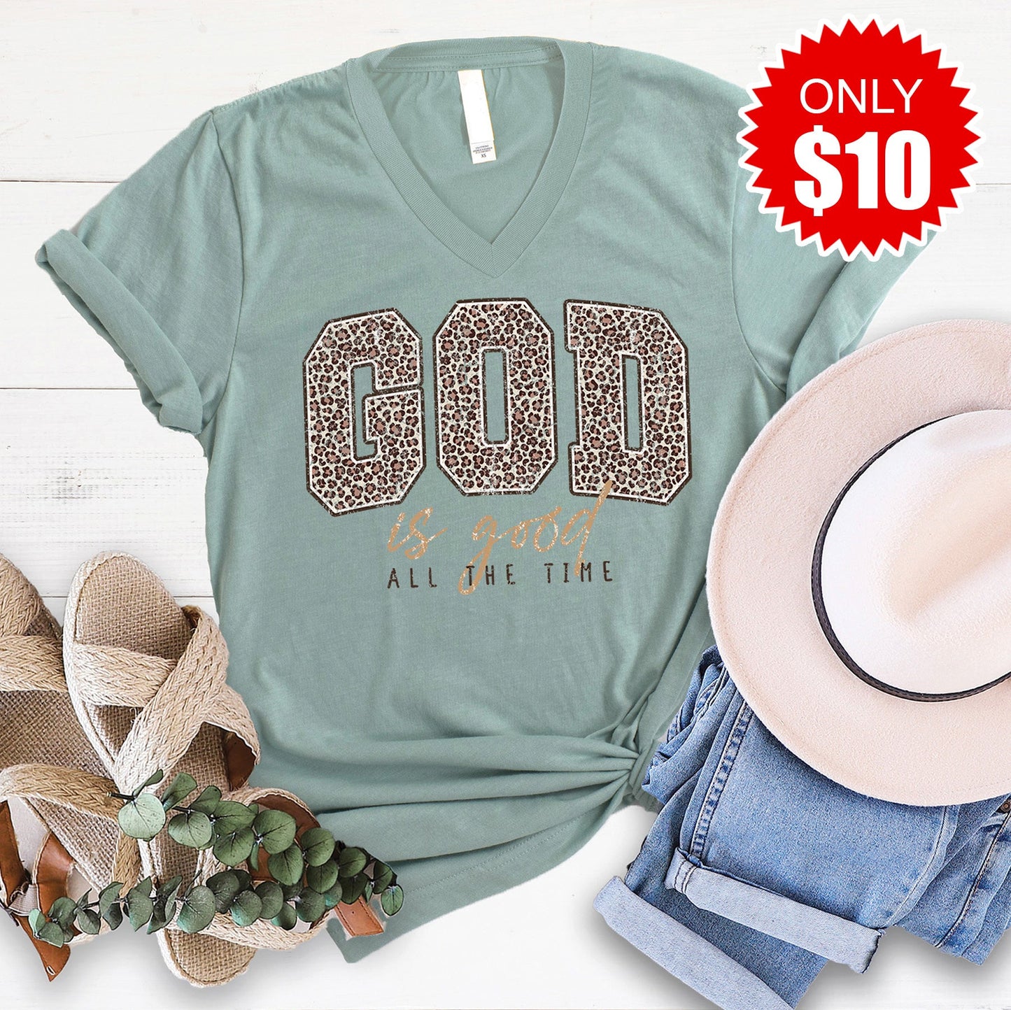 God Is Good V-Neck - Heather Sage - 10