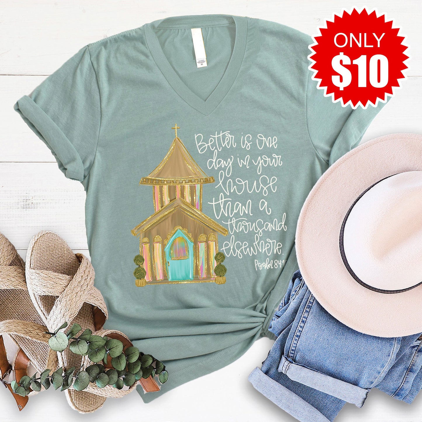 Church V-Neck - Heather Sage - 10