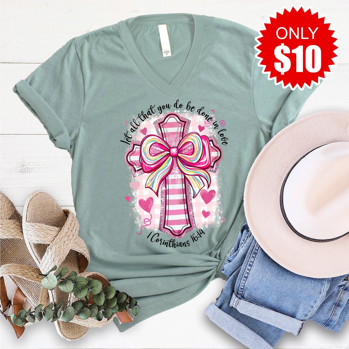 Corinthians 16:14 V-Neck - Heather Sage - 10