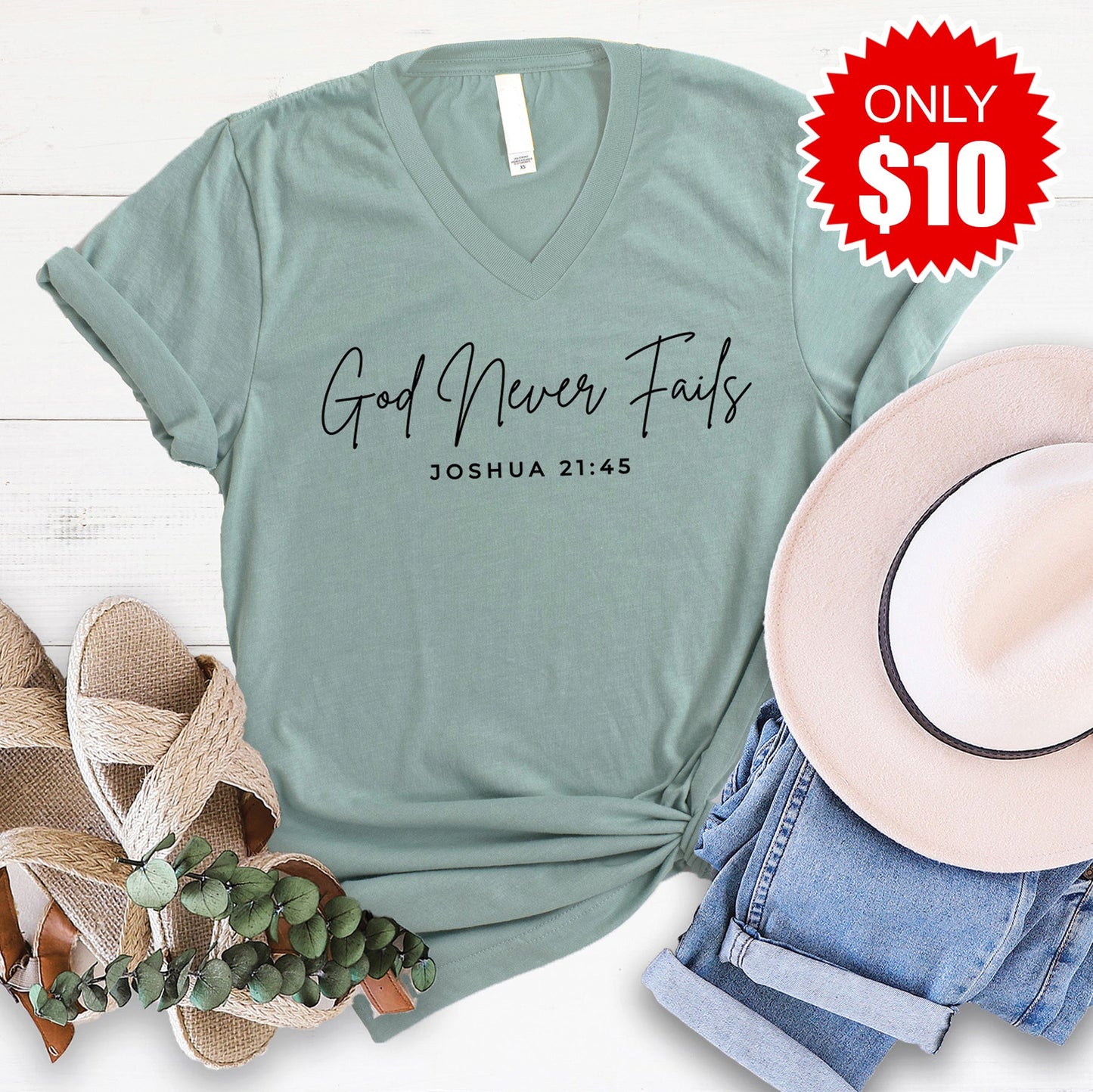 God Never Fails V-Neck - Heather Sage - 10