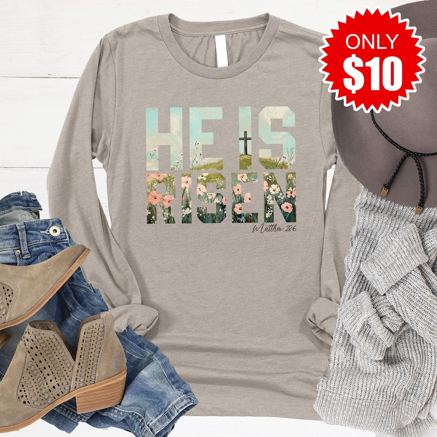 He Is Risen Long Sleeve - Heather Stone - 10